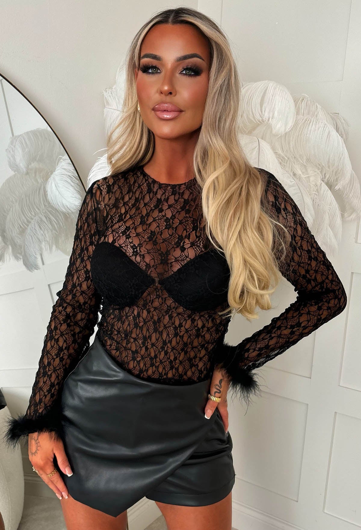 Lace And Luxe Black Lace Feather Cuff Top