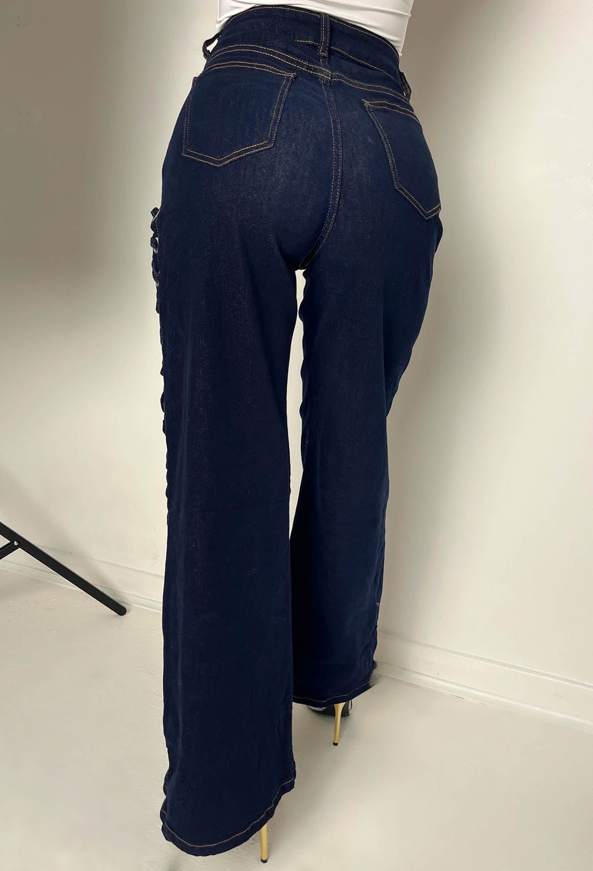 Laced Lust Mid Blue Wide Leg Stretch Eyelet Jeans