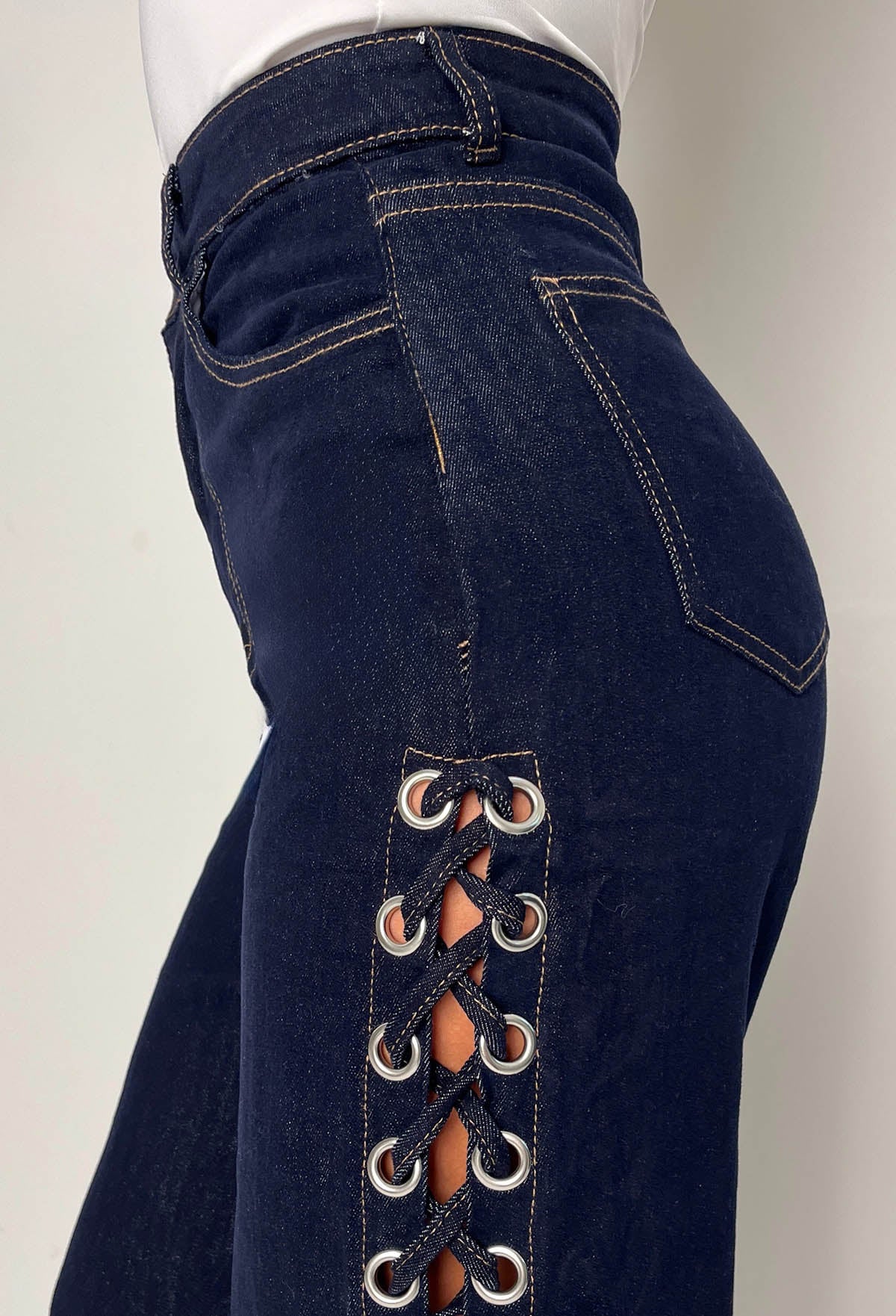 Laced Lust Mid Blue Wide Leg Stretch Eyelet Jeans