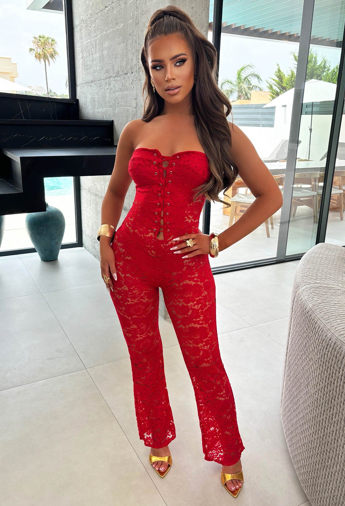 Laced Luxe Red Laced Up Lace Jumpsuit