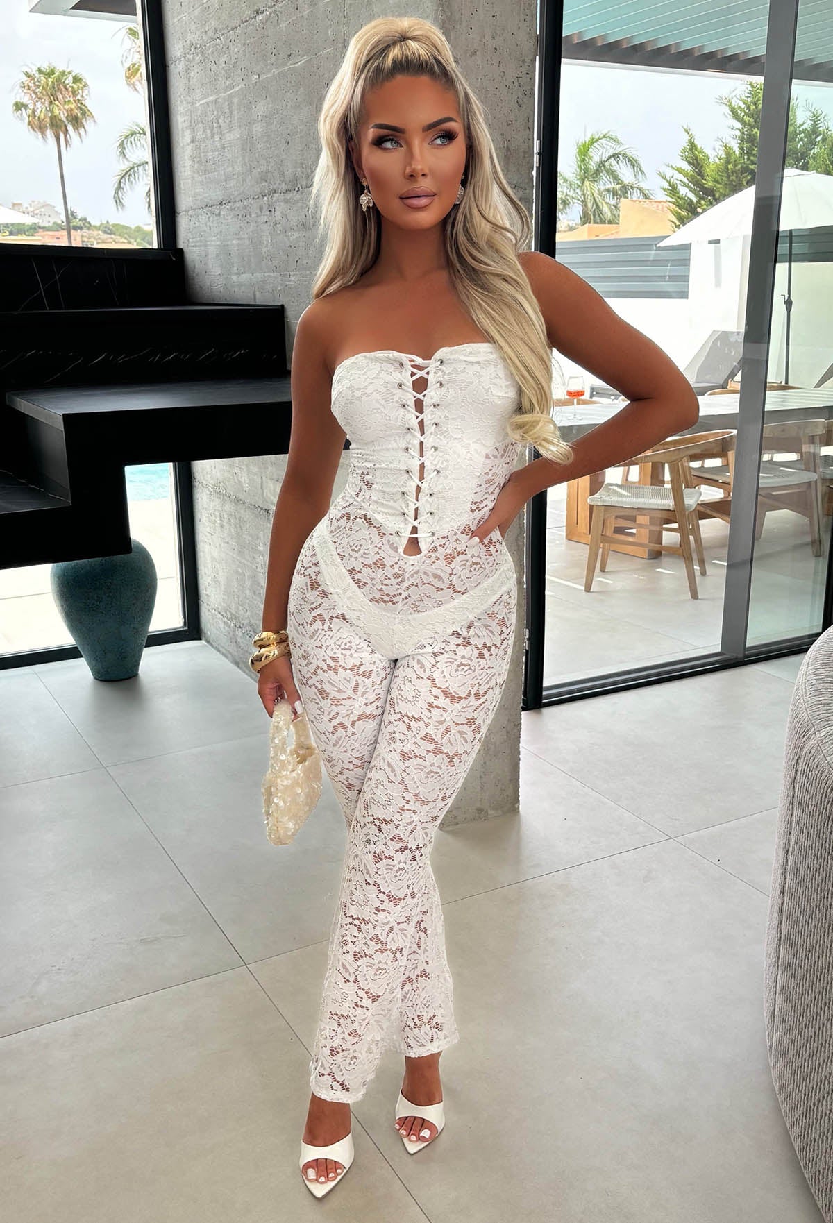 Laced Luxe White Laced Up Lace Jumpsuit