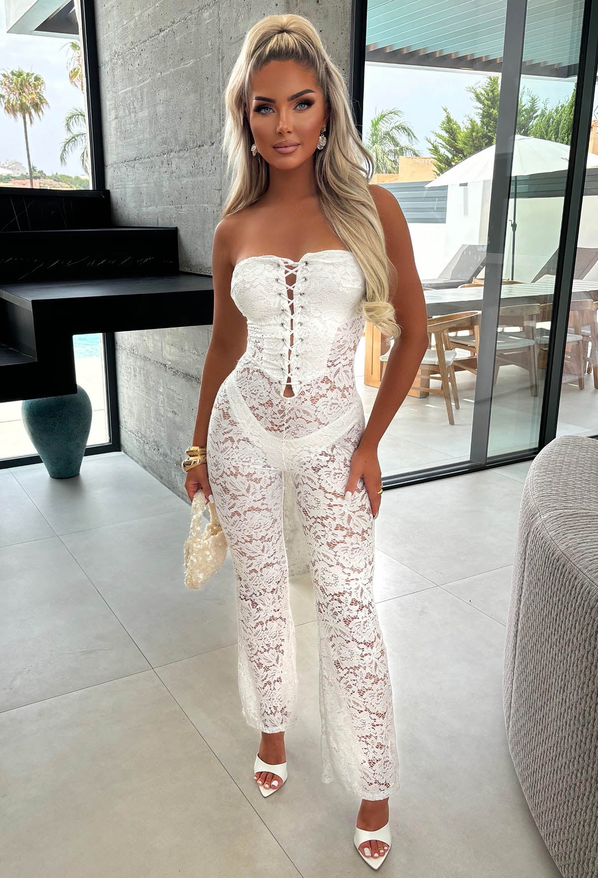 Laced Luxe White Laced Up Lace Jumpsuit