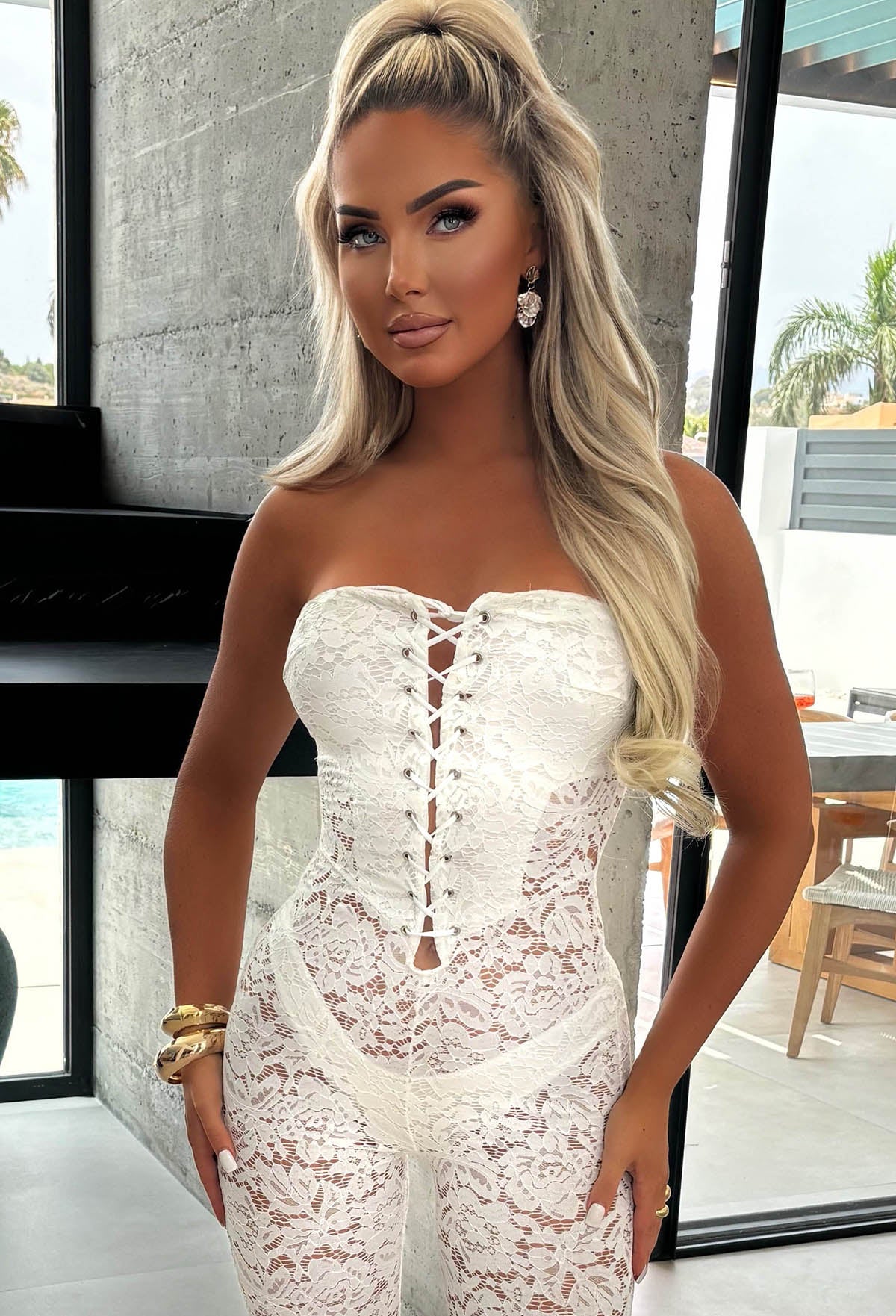 Laced Luxe White Laced Up Lace Jumpsuit