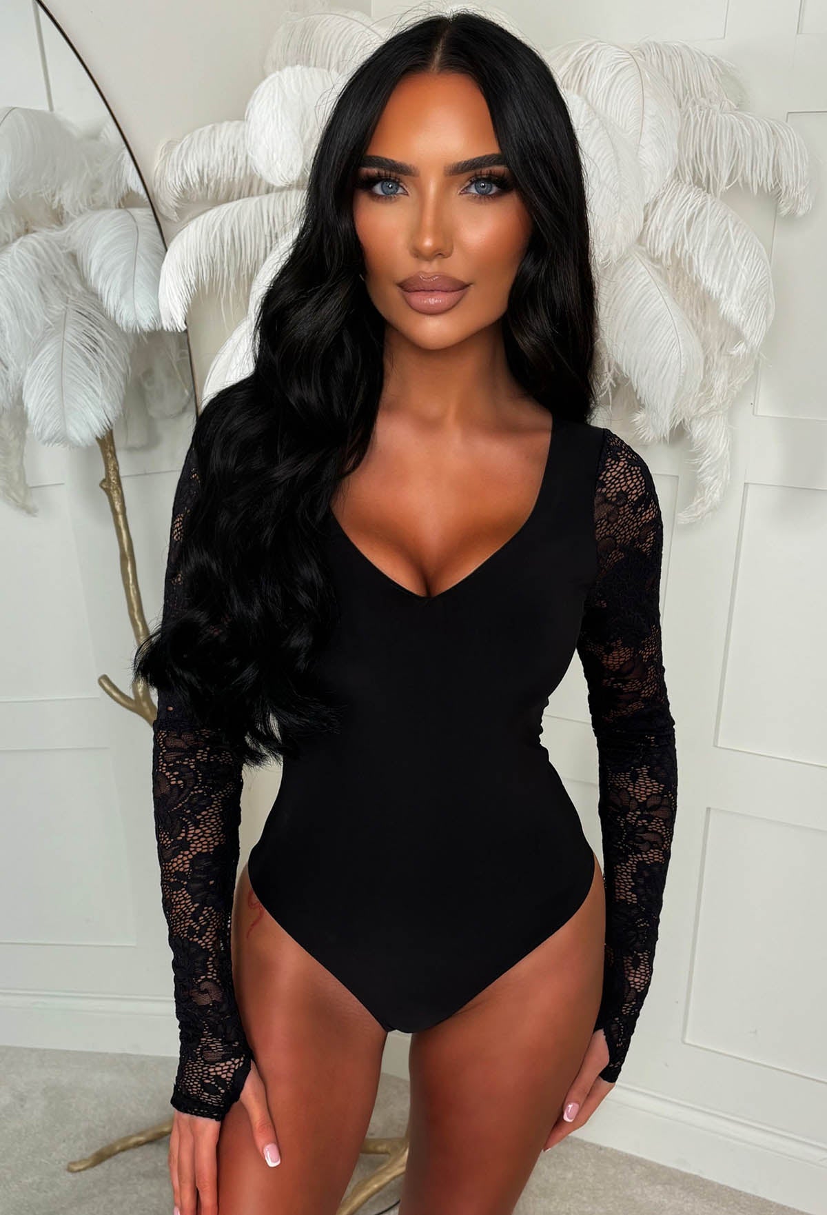 Laced To Impress Black V-Neck Jersey Lace Sleeve Bodysuit