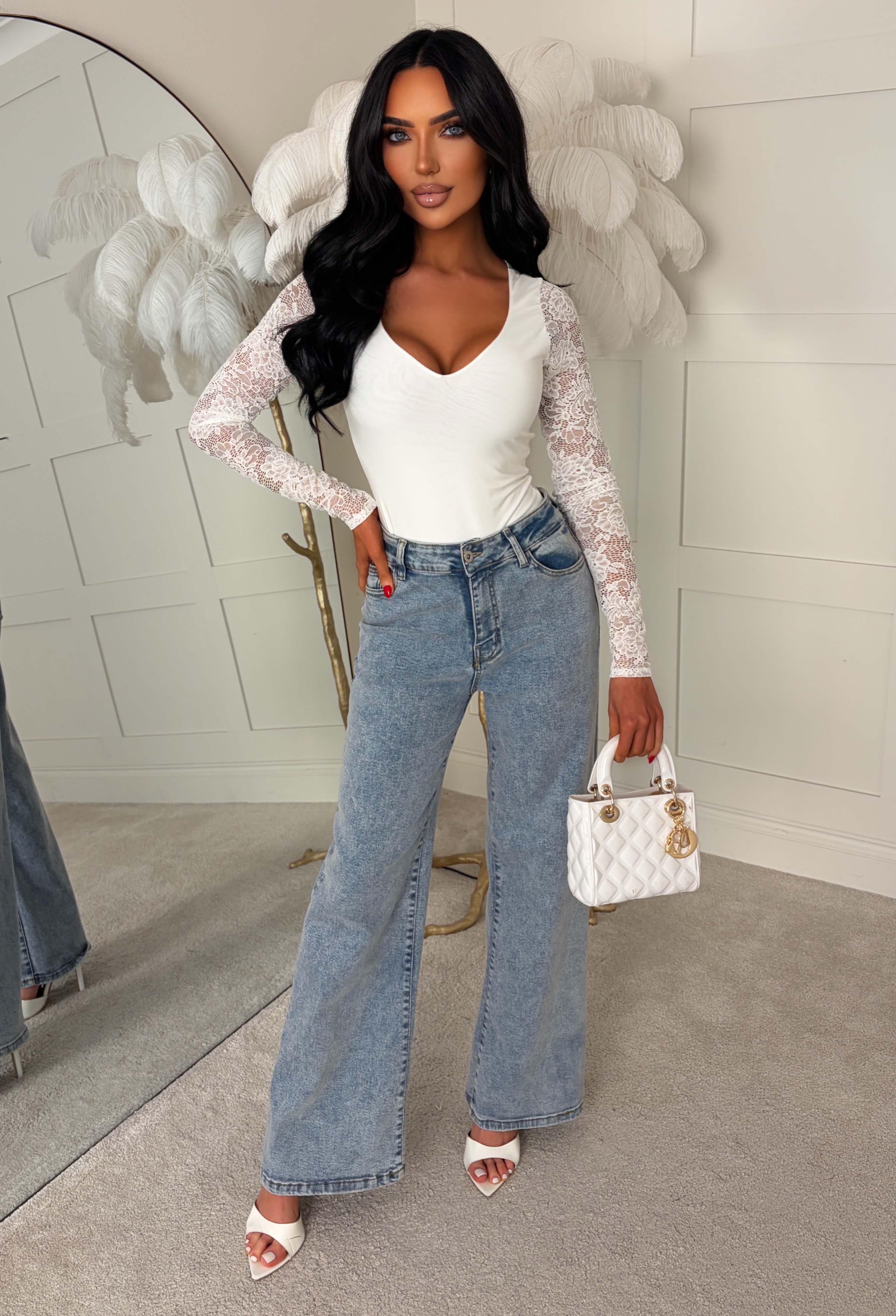 Laced To Impress White V-neck Jersey Lace Sleeve Bodysuit