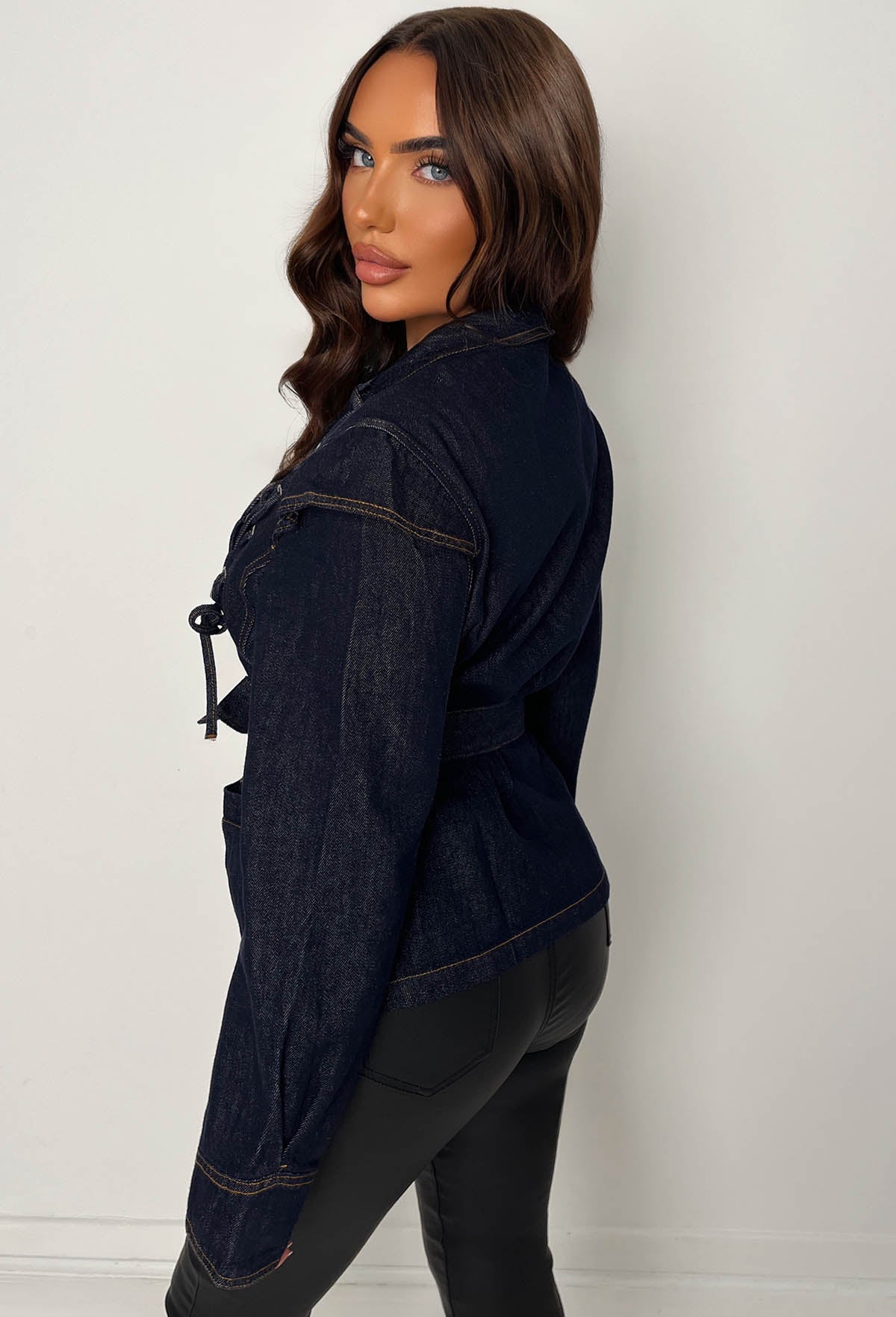 Laced Up Dark Blue Belted Fitted Denim Jacket