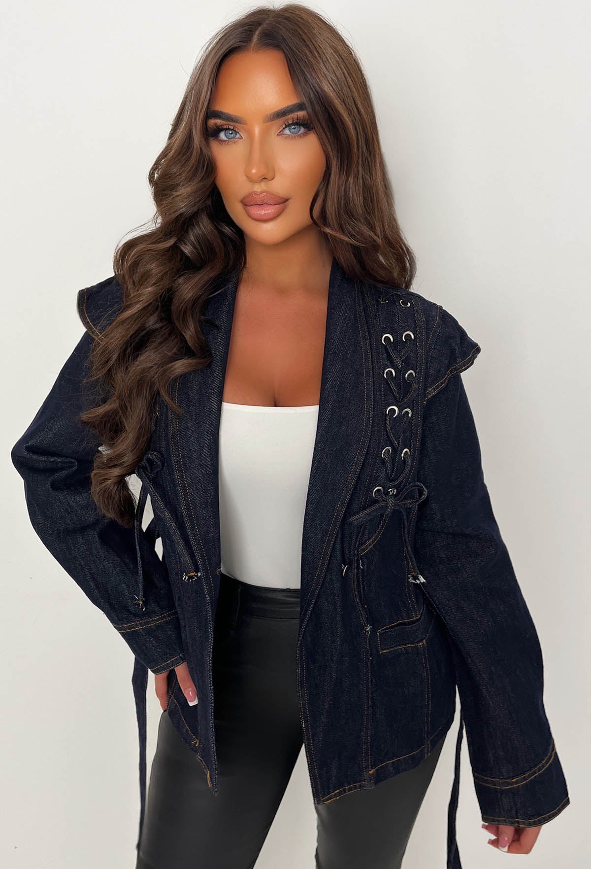 Laced Up Dark Blue Belted Fitted Denim Jacket