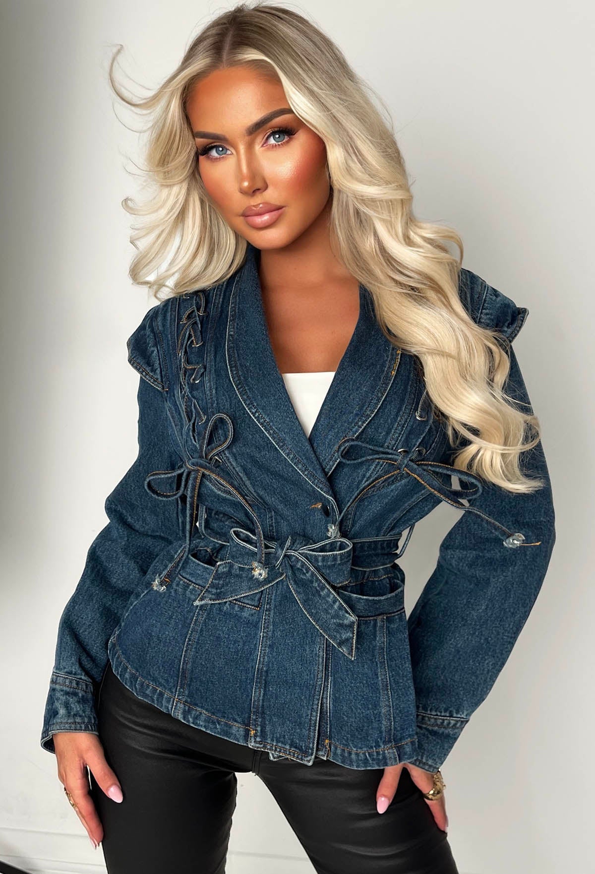 Laced Up Mid Blue Belted Fitted Denim Jacket