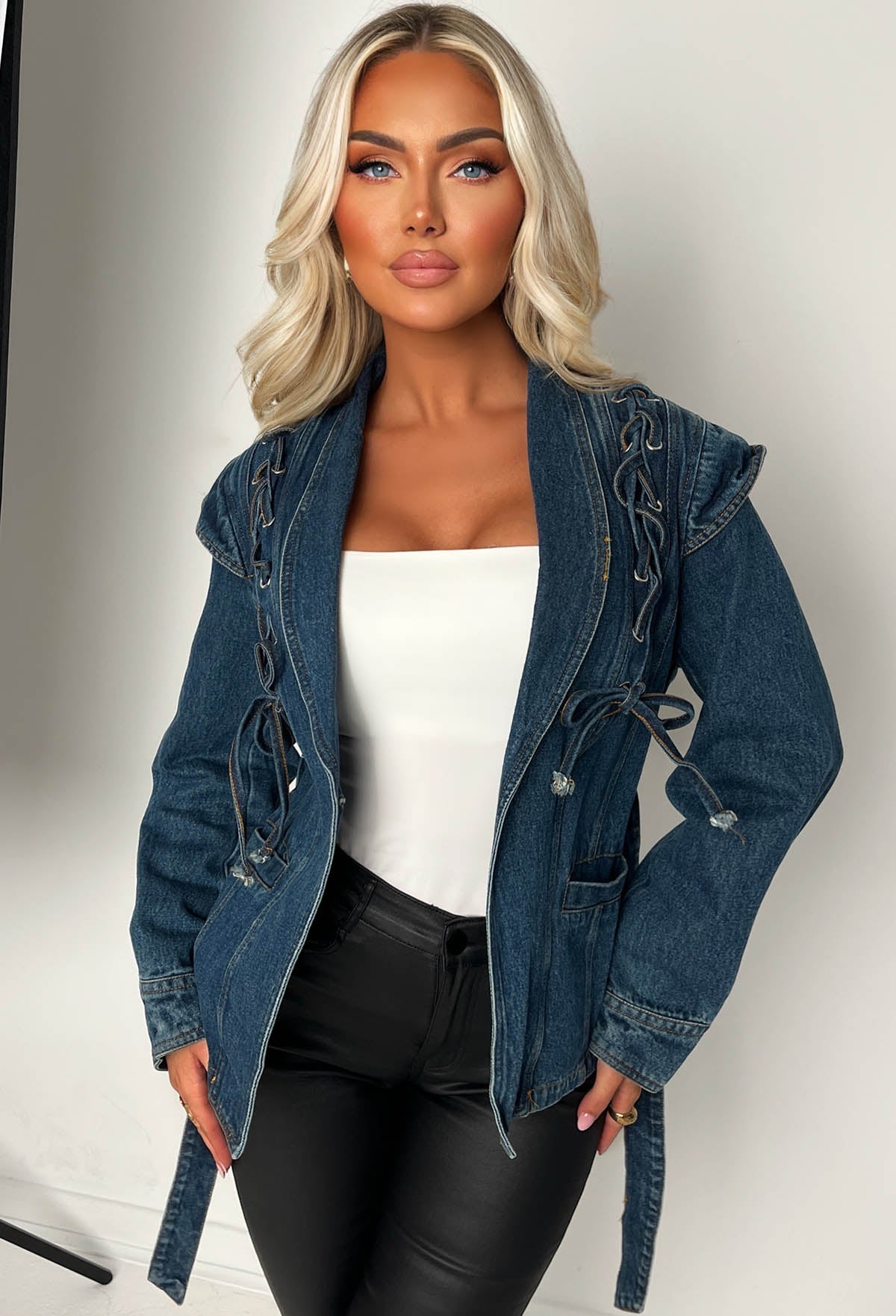 Laced Up Mid Blue Belted Fitted Denim Jacket
