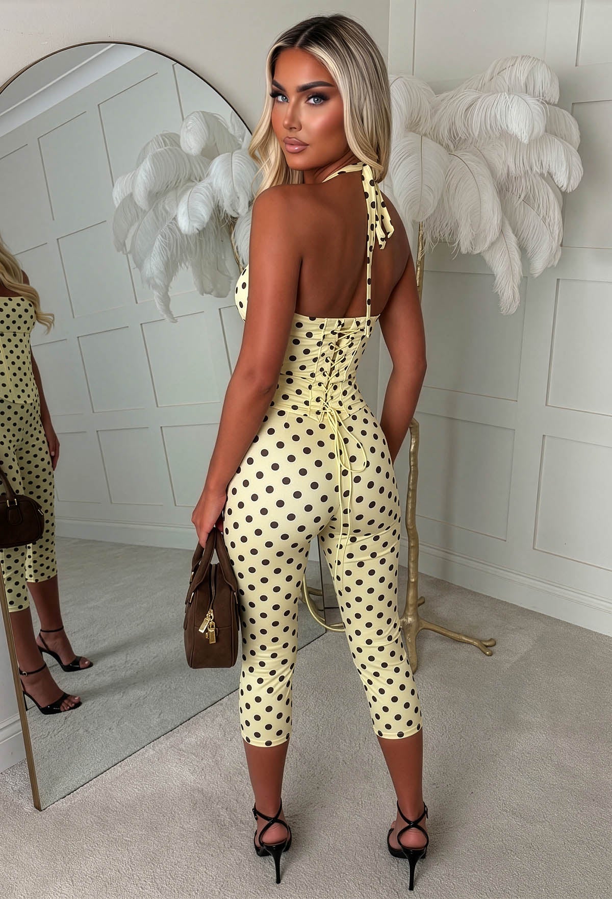 Lady Lady Yellow Polka Dot Top, Corset & Capri Pant Co-Ord Set