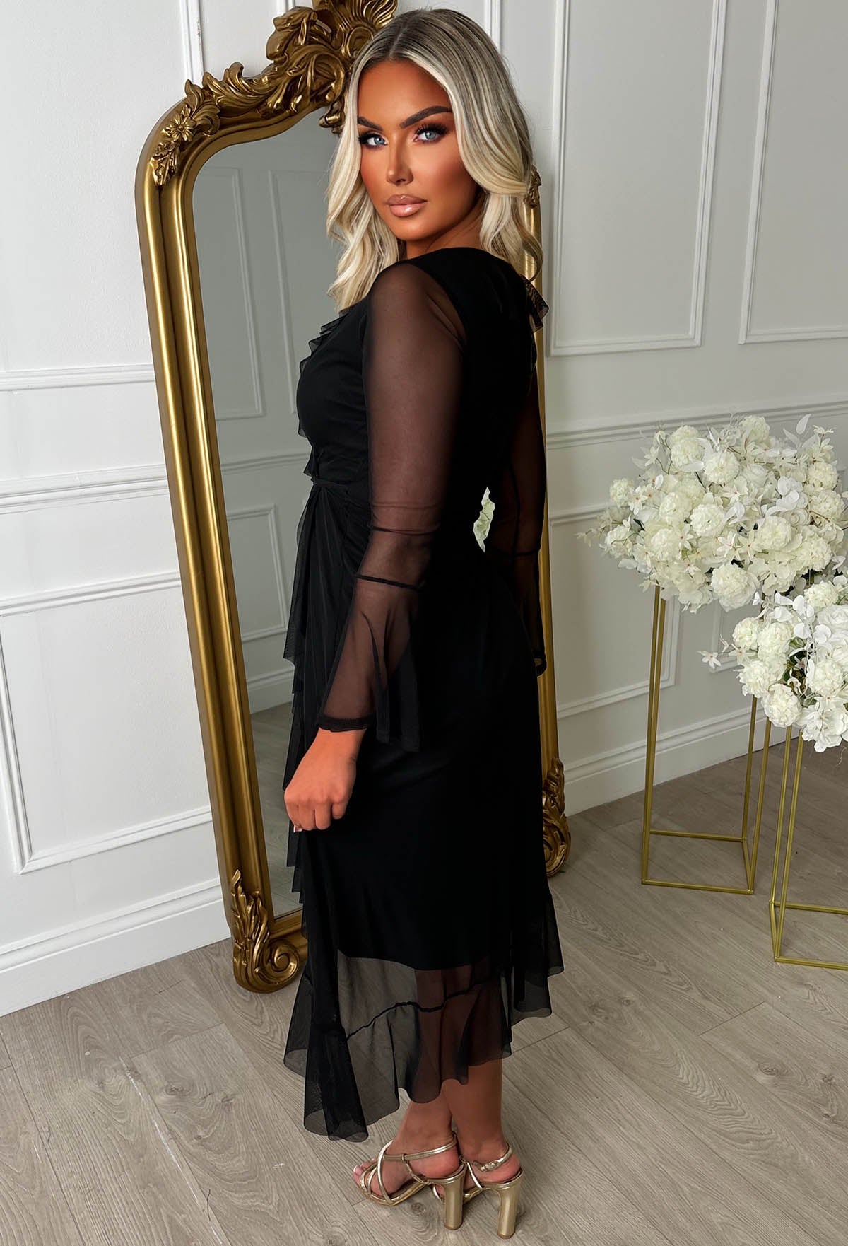 Lady Love Me Black Mesh Frill Wrap Dress