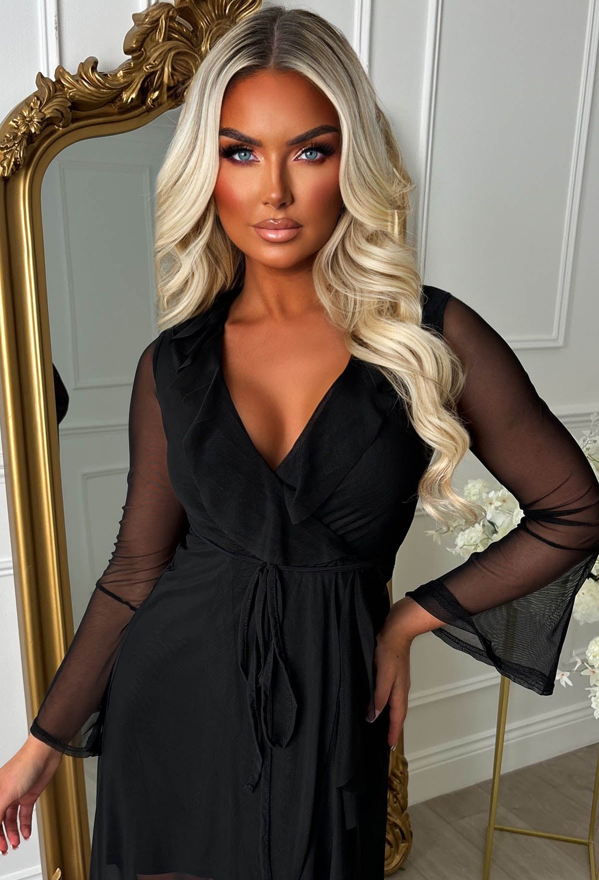 Lady Love Me Black Mesh Frill Wrap Dress