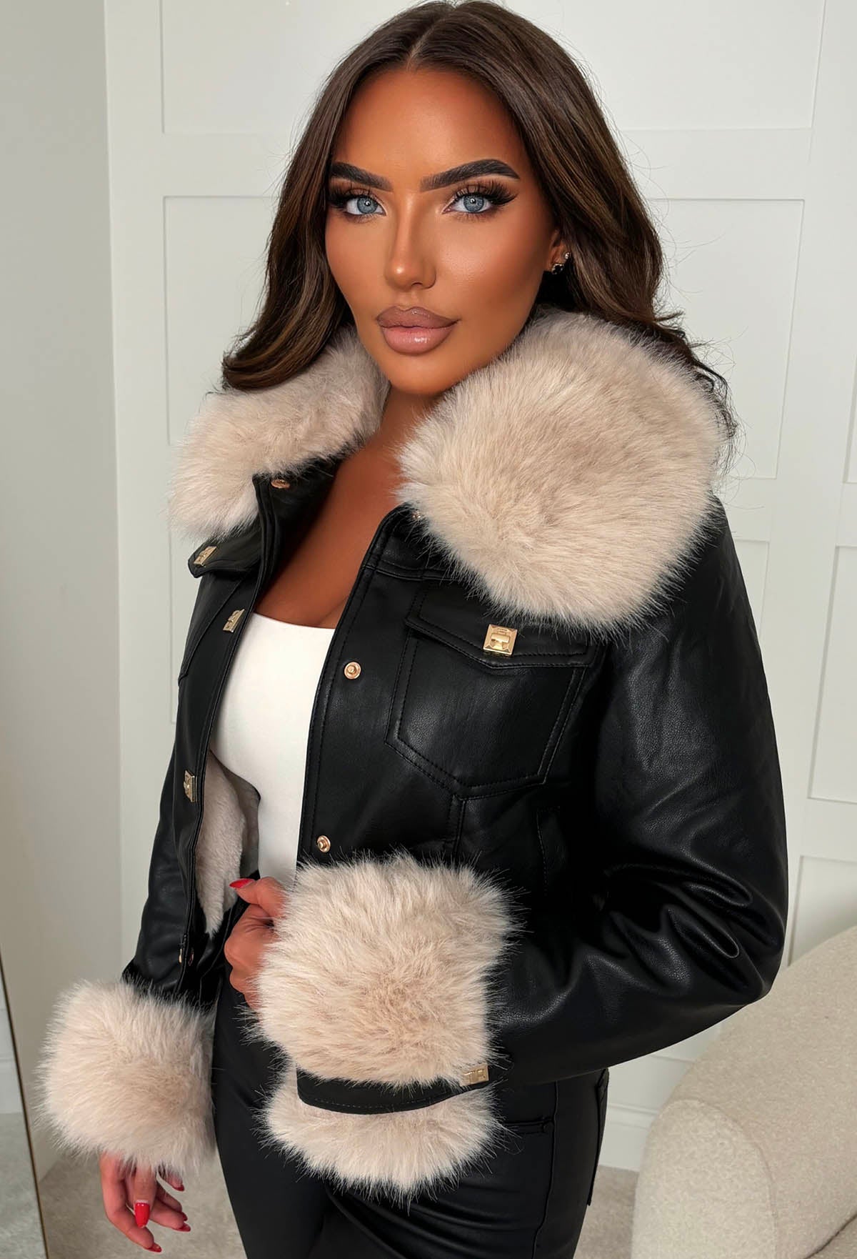 Leather & Luxe Black Faux Leather Fur Collar Cropped Jacket