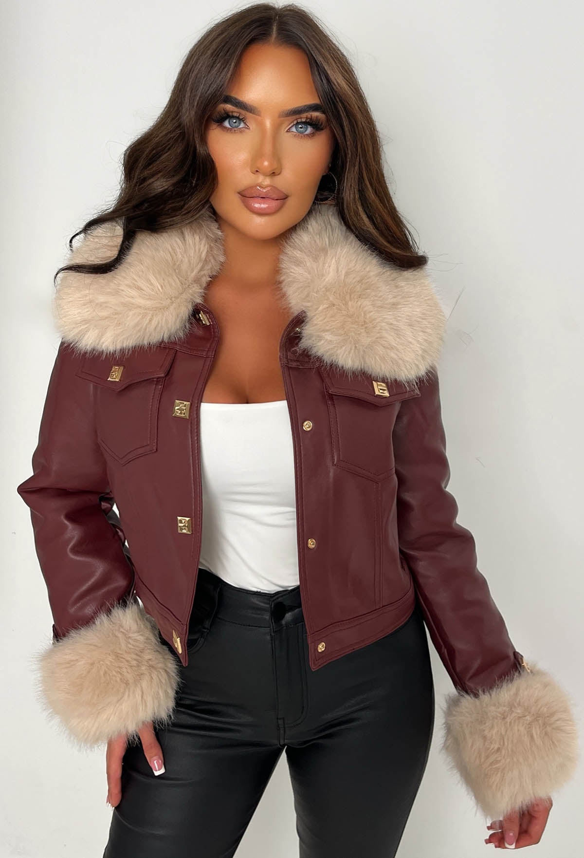 Leather & Luxe Burgundy Faux Leather Fur Collar Cropped Jacket