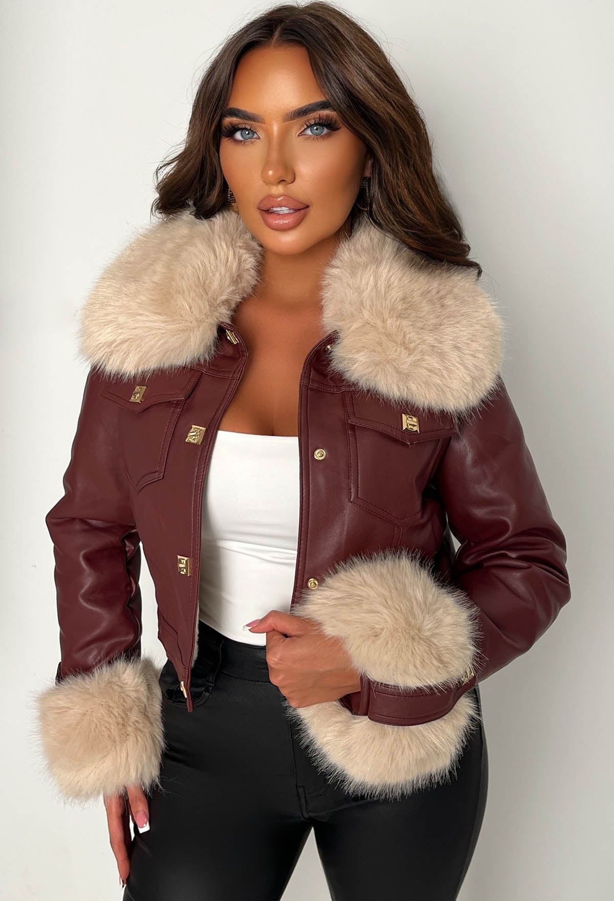 Leather & Luxe Burgundy Faux Leather Fur Collar Cropped Jacket
