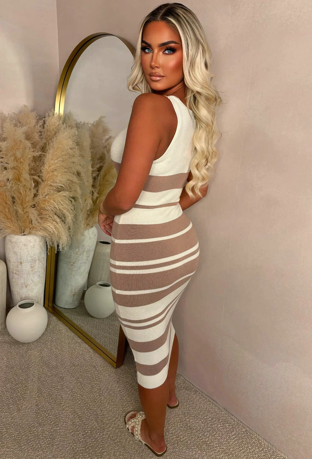 Legally Luxe Beige Ultra Soft Striped V-neck Knitted Midi Dress