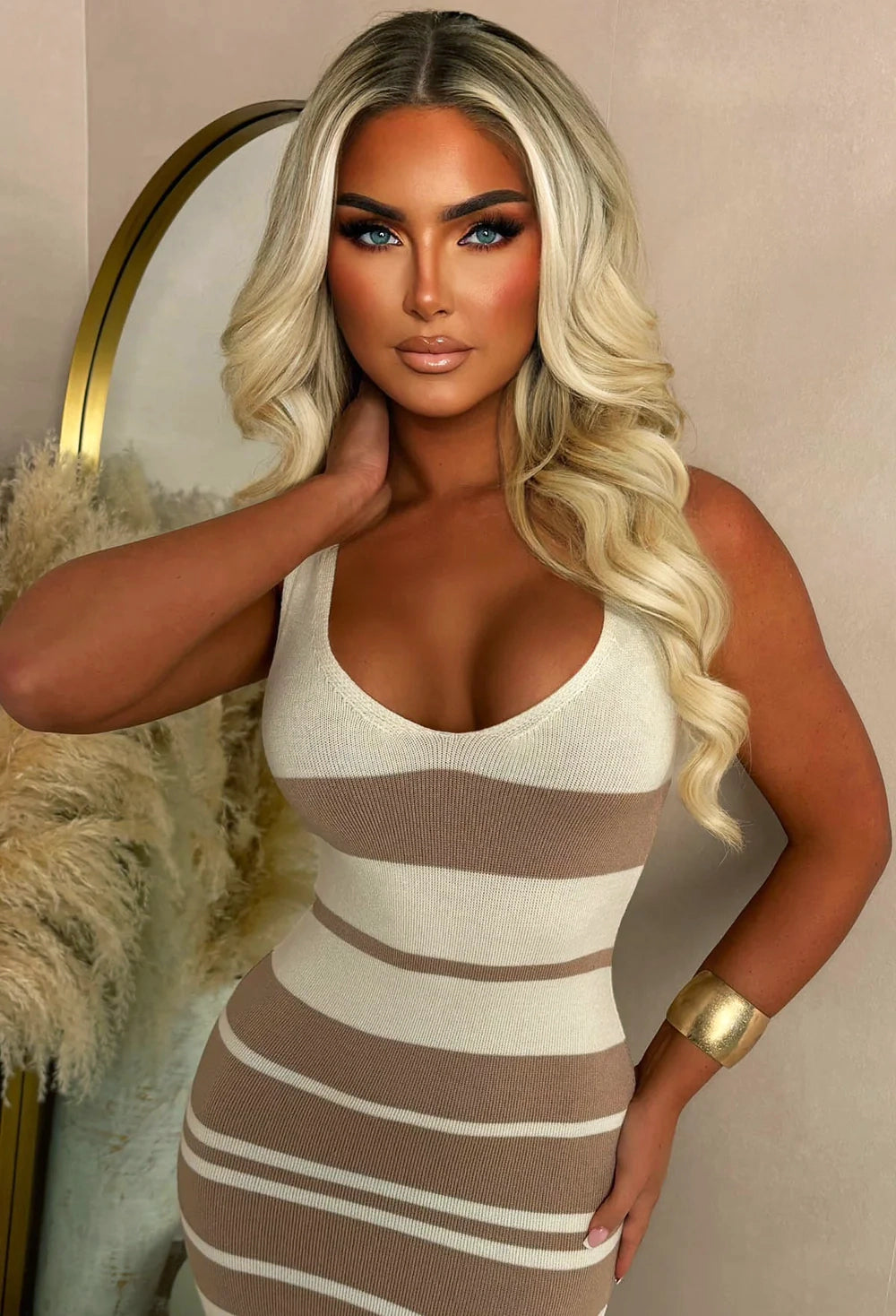 Legally Luxe Beige Ultra Soft Striped V-neck Knitted Midi Dress