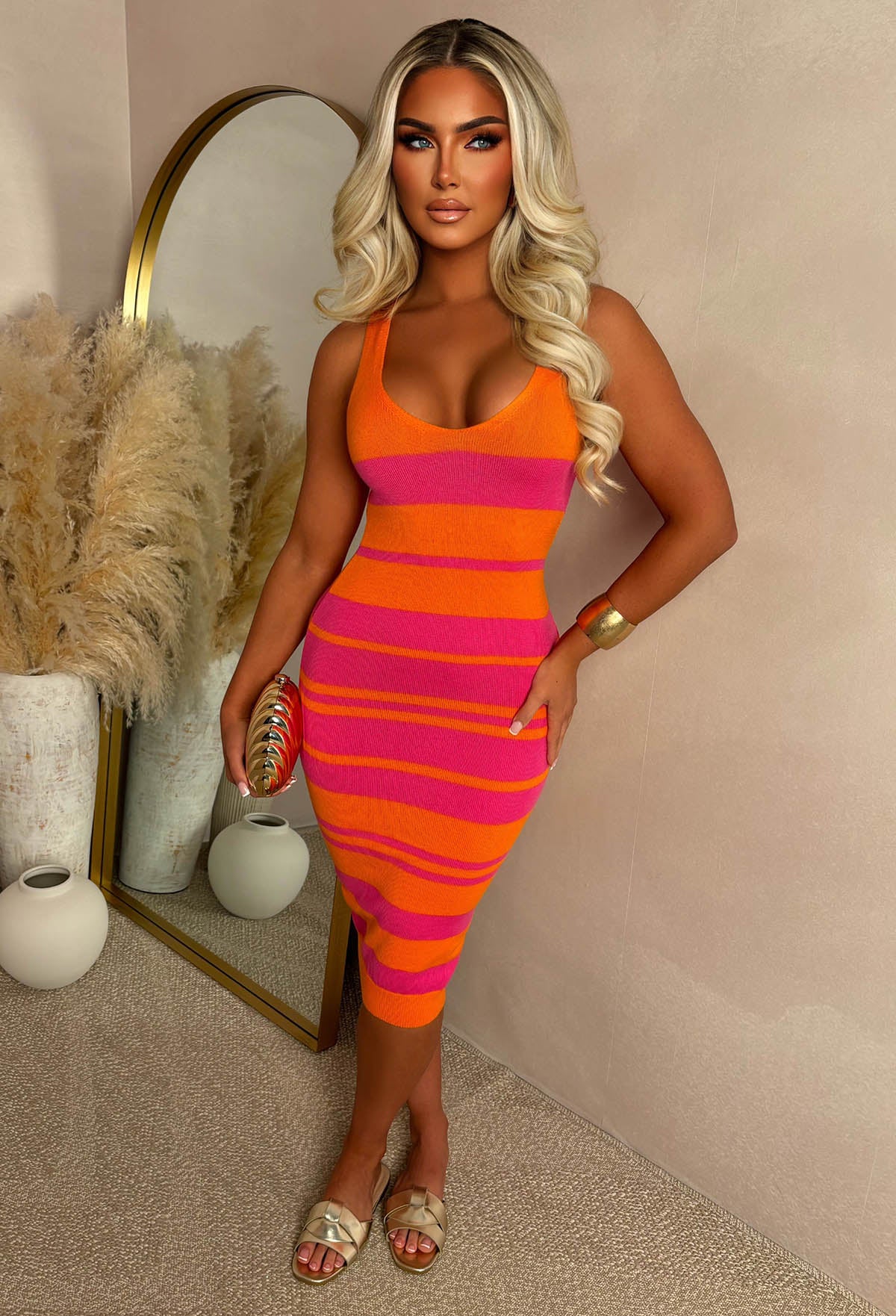 Legally Luxe Orange Ultra Soft Striped V-Neck Knitted Midi Dress Legally Luxe Orange Ultra Soft Striped V-Neck Knitted Midi Dress