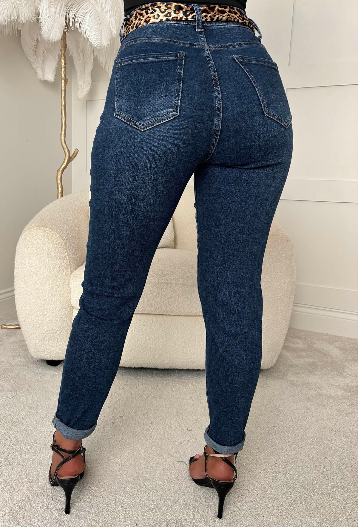 Leopard Illusion Dark Blue Mom Turn Up Stretch Jean With Leopard Print Belt