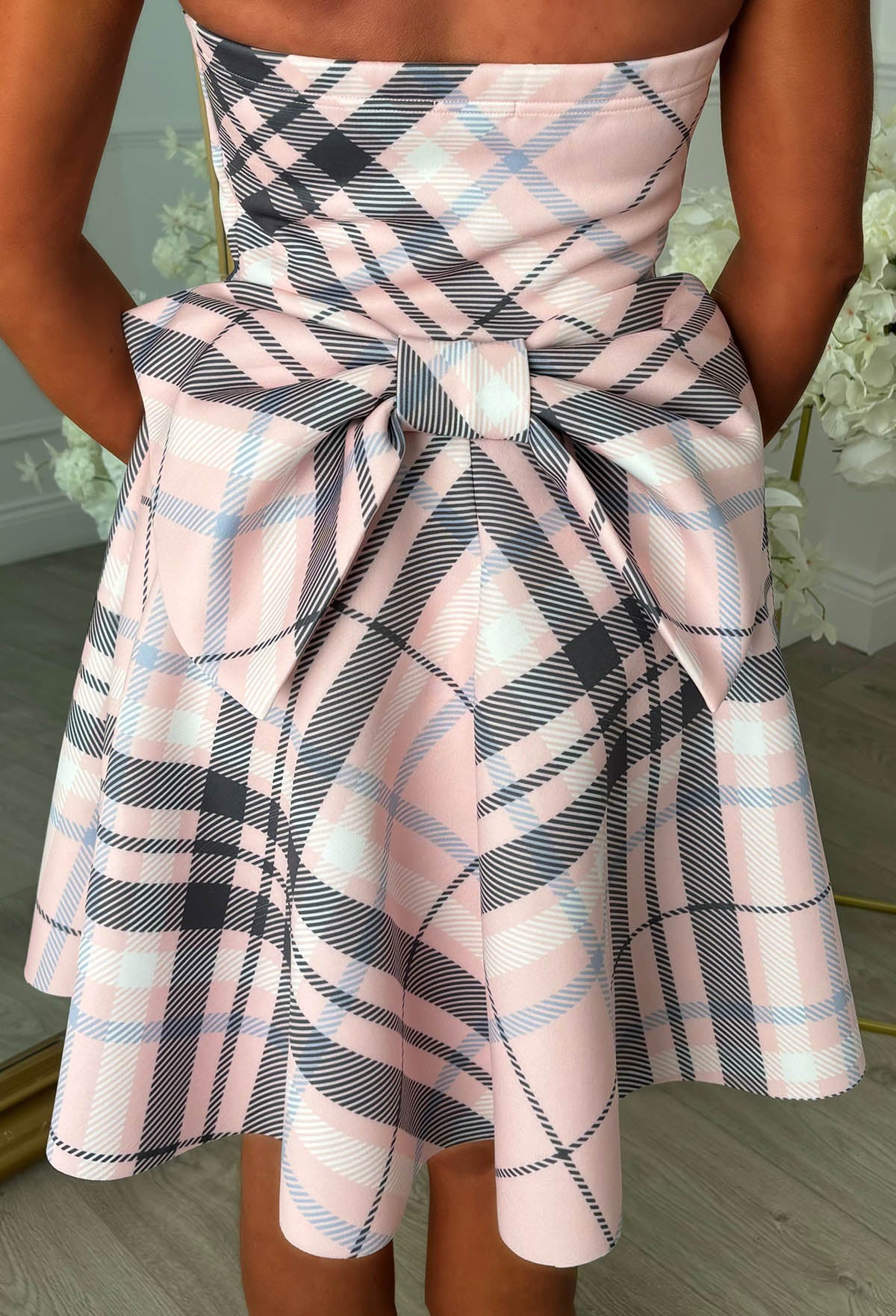 Let It Bow Pink Multi Tartan Bow Back Mini Dress