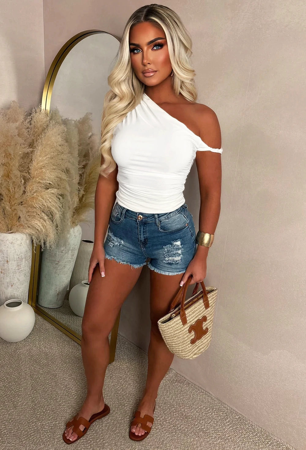 Let Me Go White One Shoulder Twist Stretch Top