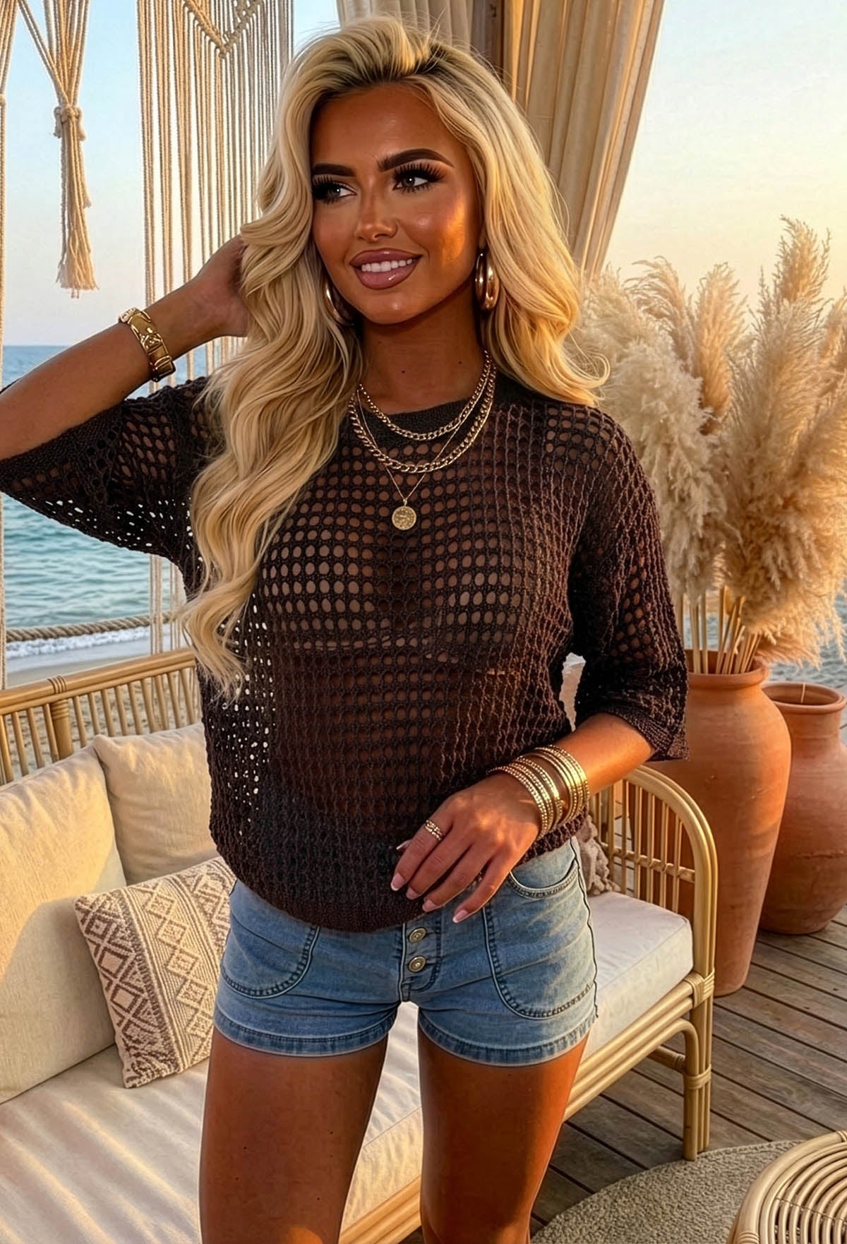 Let Your Dreams In Brown Loose Net Knitted Crochet Top