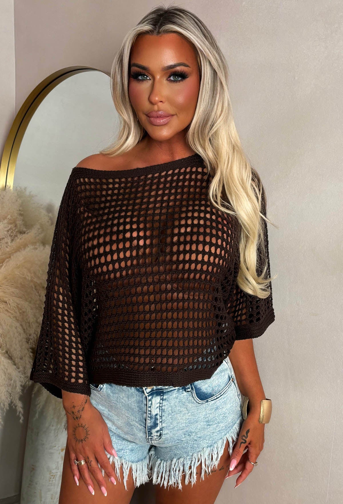Let Your Dreams In Brown Loose Net Knitted Crochet Top