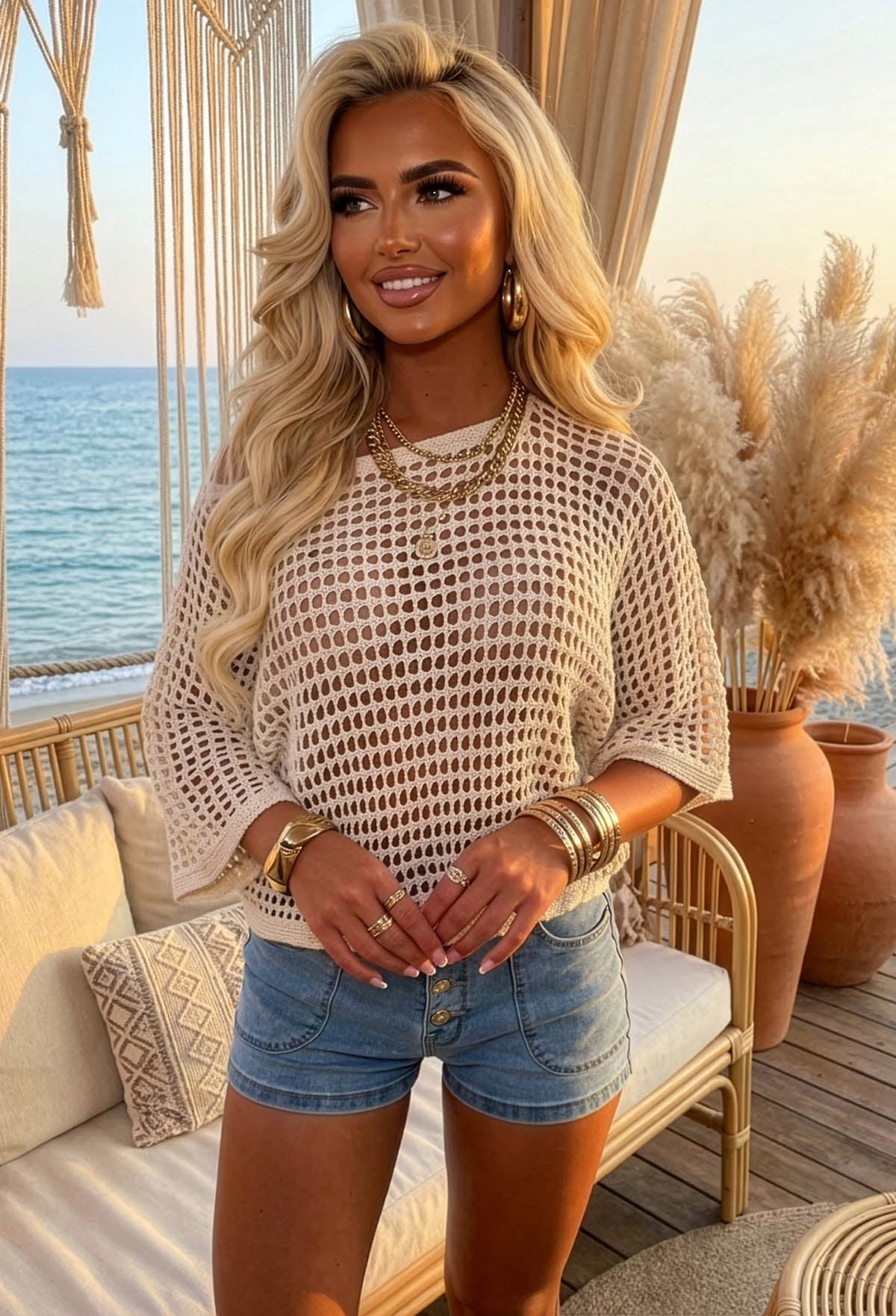 Let Your Dreams In Stone Loose Net Knitted Crochet Top