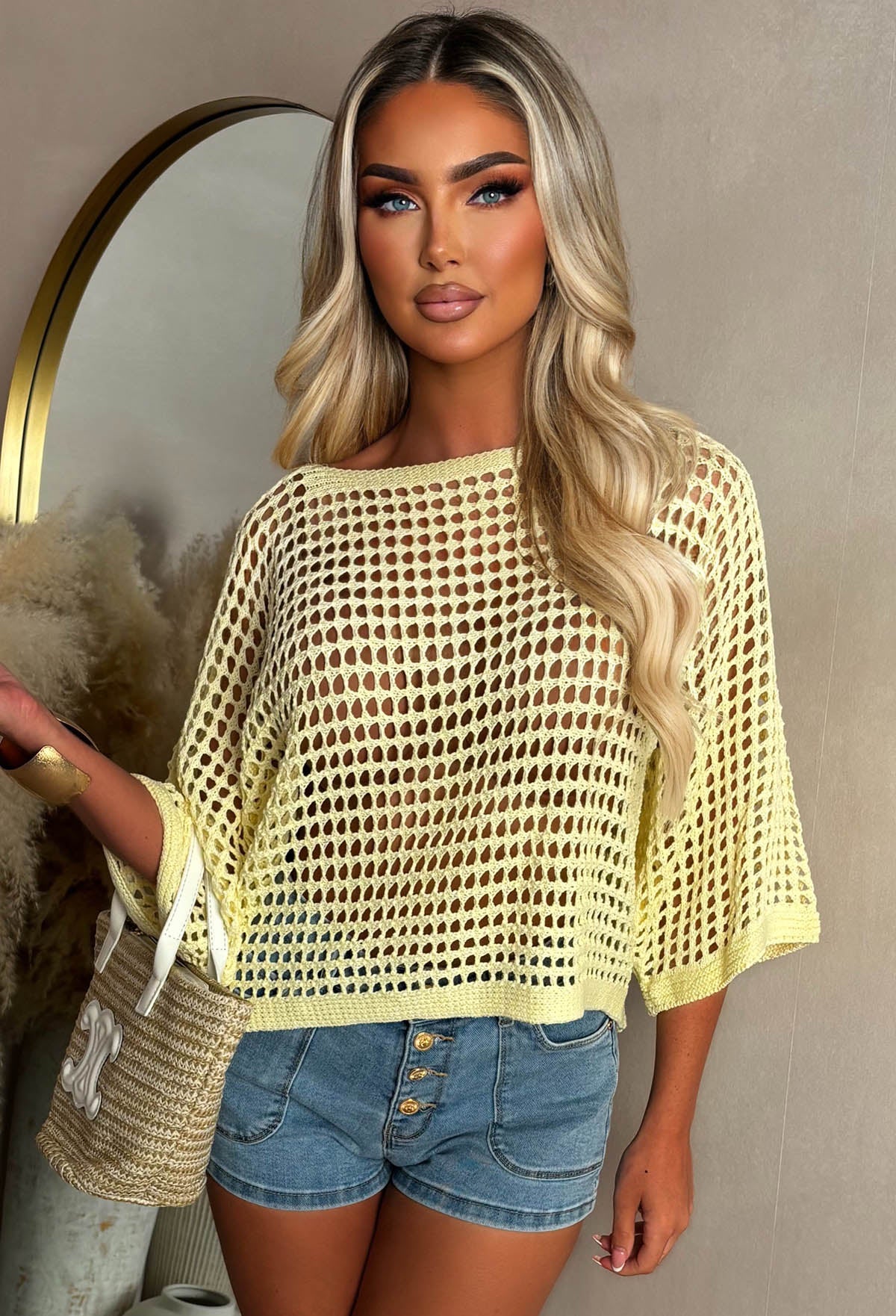 Let Your Dreams In Lemon Loose Net Knitted Crochet Top