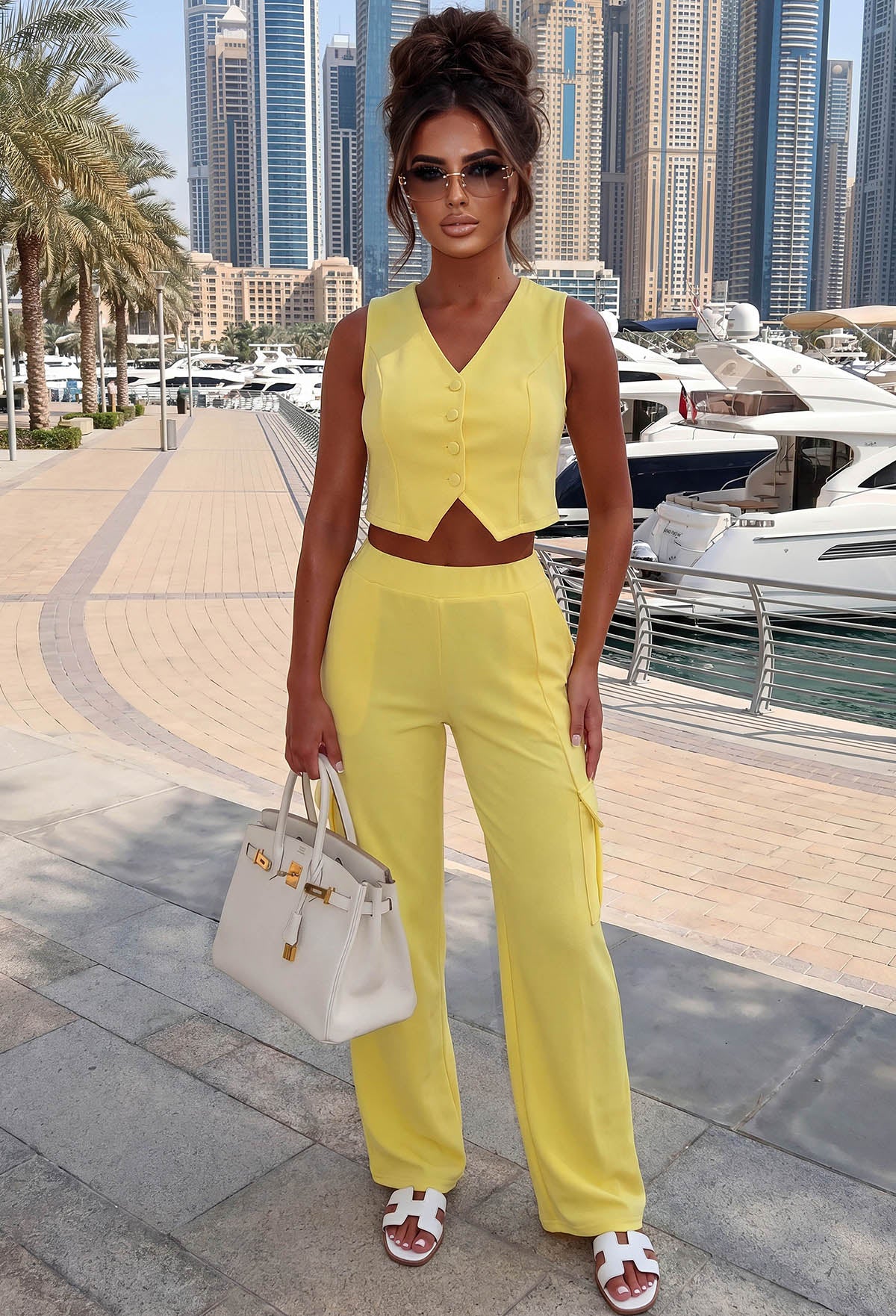 Model in Marina Wearing Lemon Waistcoat & Cargo Trouser Co-Ord Set