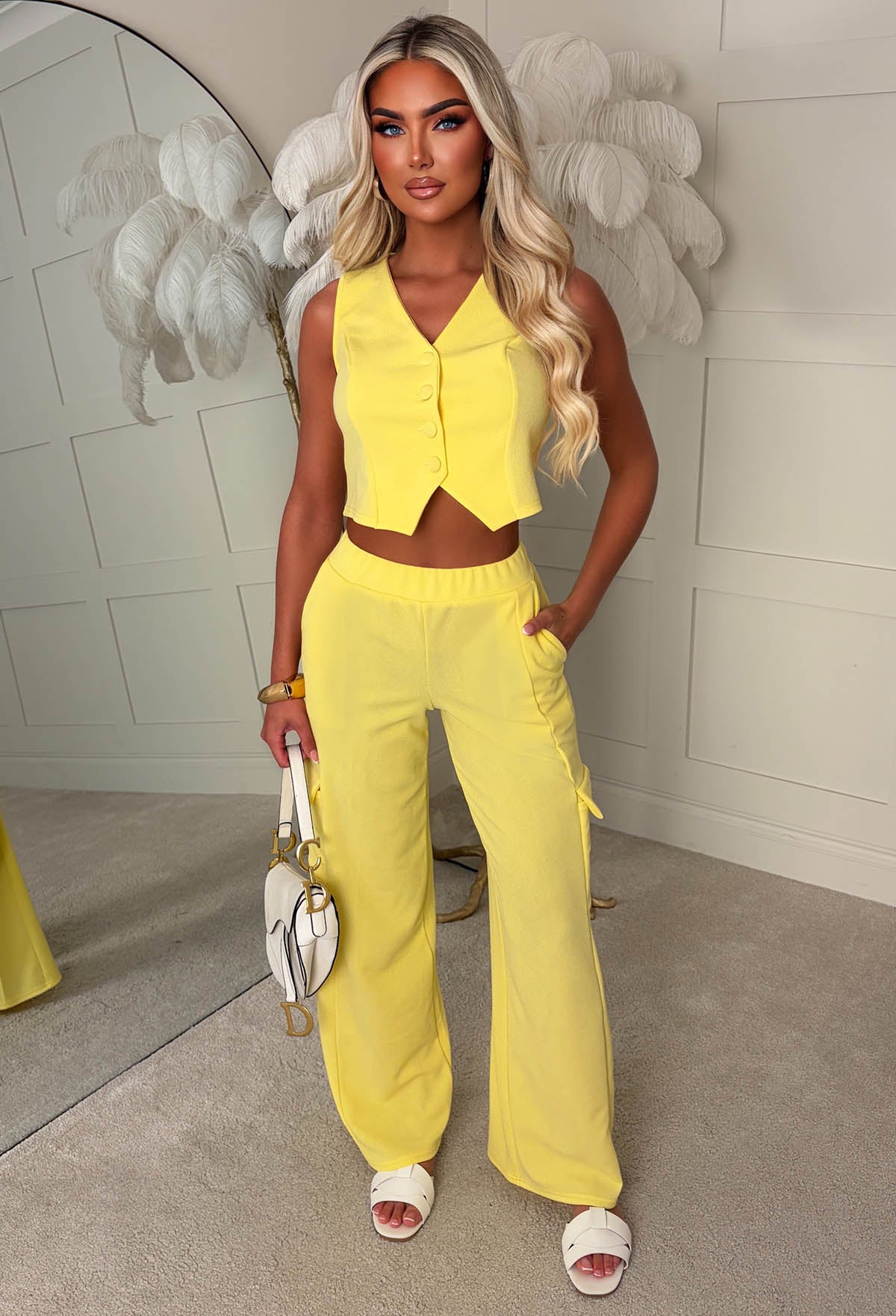 Lined Up For More Lemon Waistcoat & Cargo Trouser Co-Ord Set
