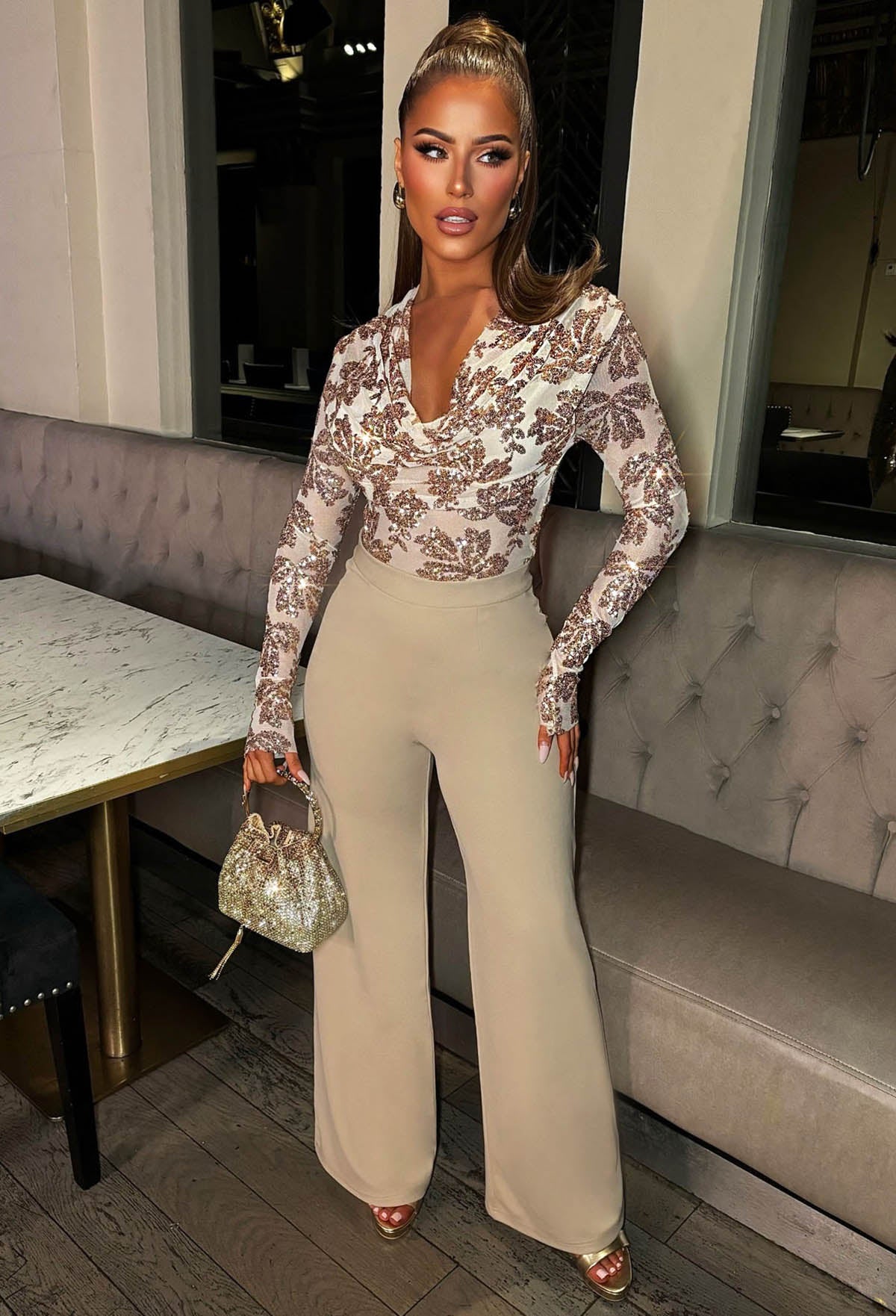 Liquid Luxe Gold Sequin Draped Cowl Neck Top