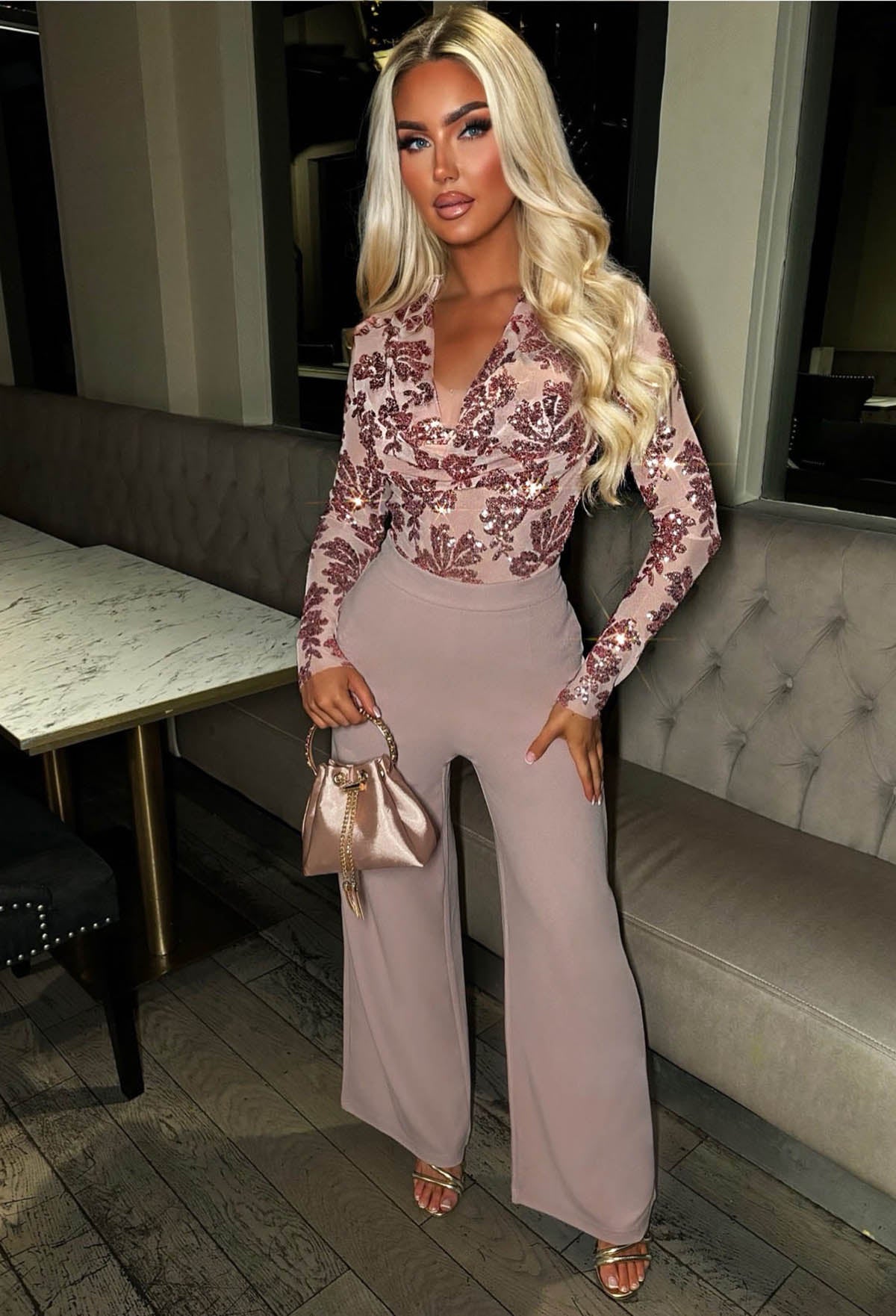 Liquid Luxe Pink Sequin Draped Cowl Neck Top