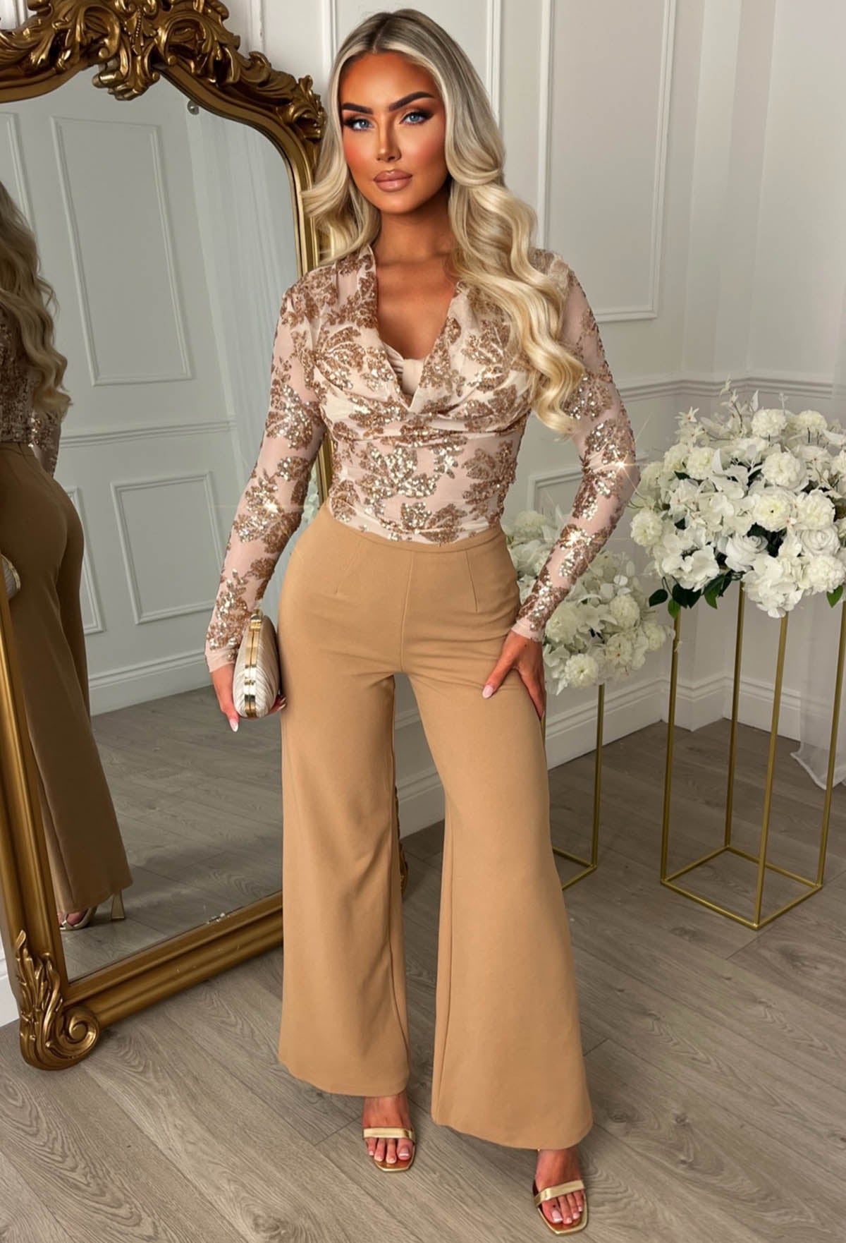 Liquid Luxe Gold Sequin Draped Cowl Neck Top