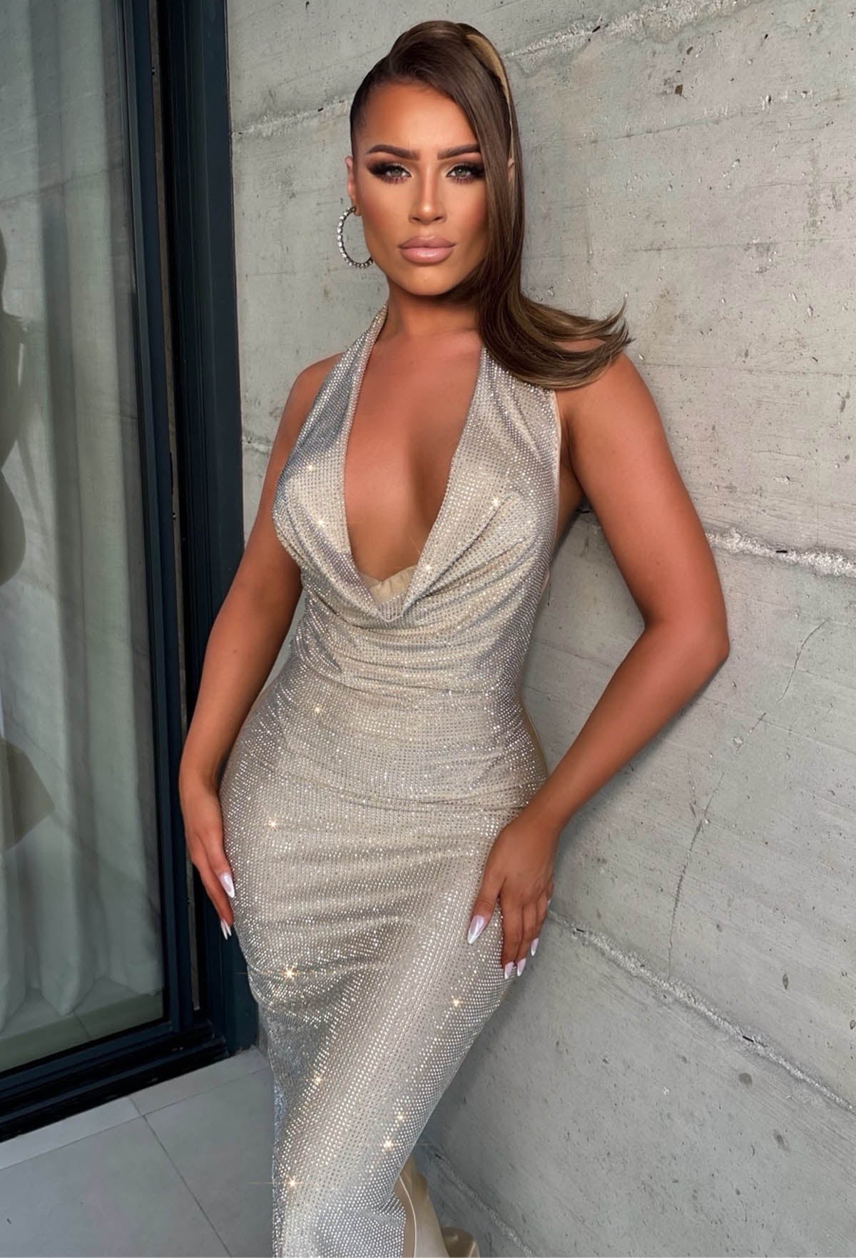 Lit 'til Sunrise Beige Hot Fix Cowl Maxi Dress