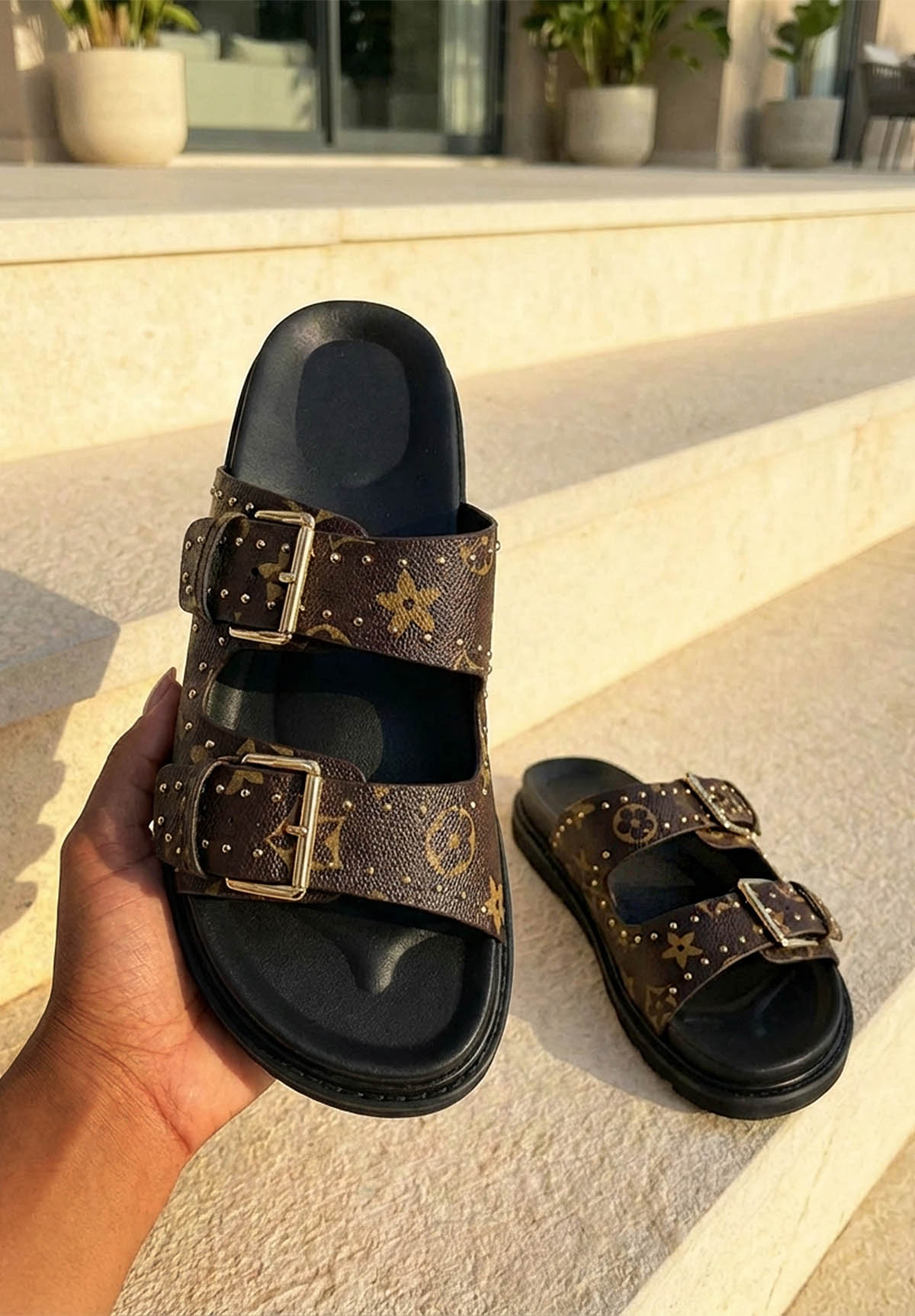 Going Logo Brown Printed Double Strap Sliders