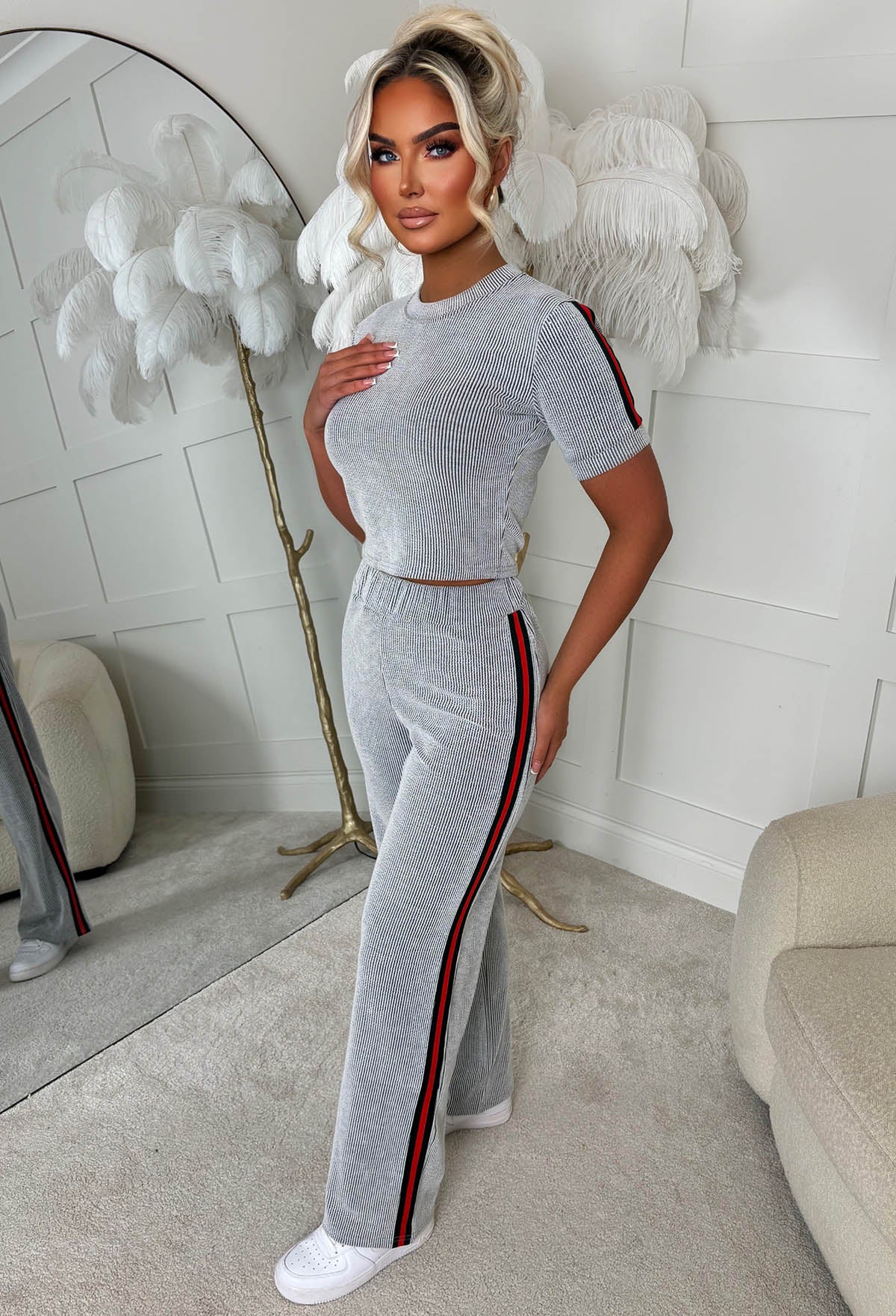 Lorenza Grey Short Sleeved Ribbed Loungewear Set