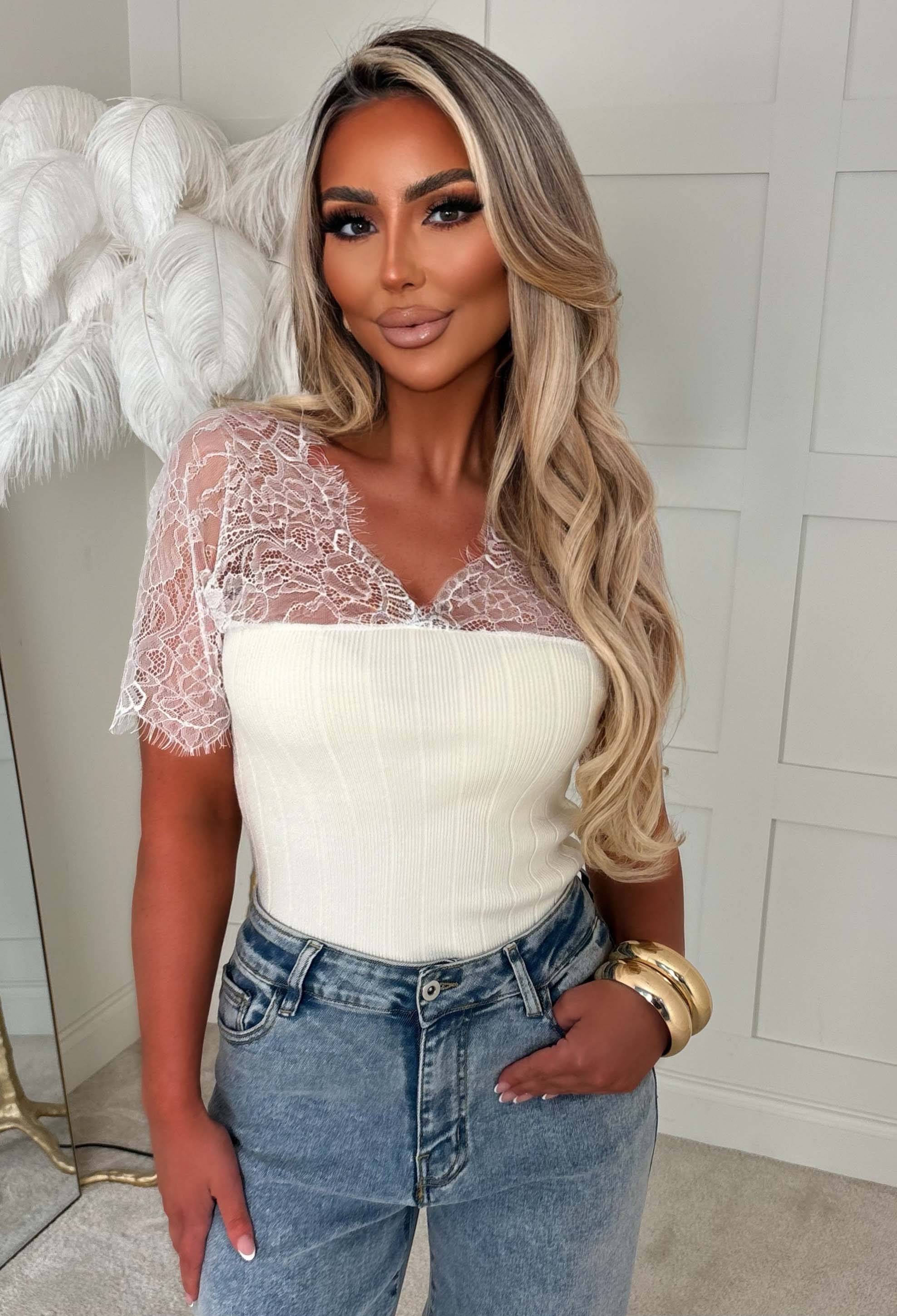 Lost Seduction White Lace & Knitted Rib Top