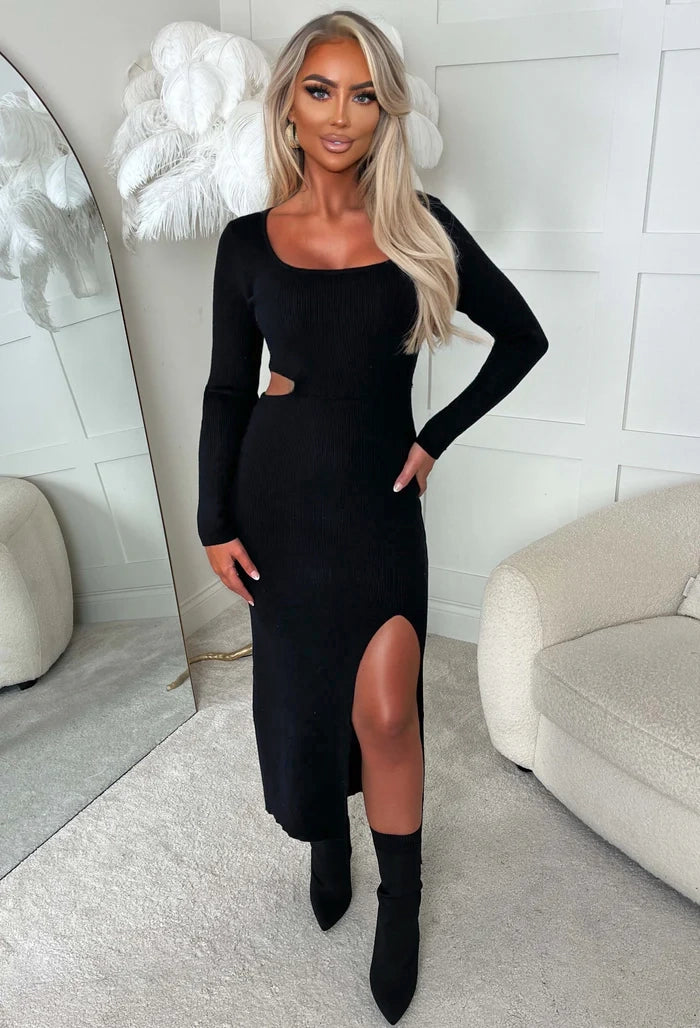 Love Echo Black Square Neck Cut Out Knitted Dress