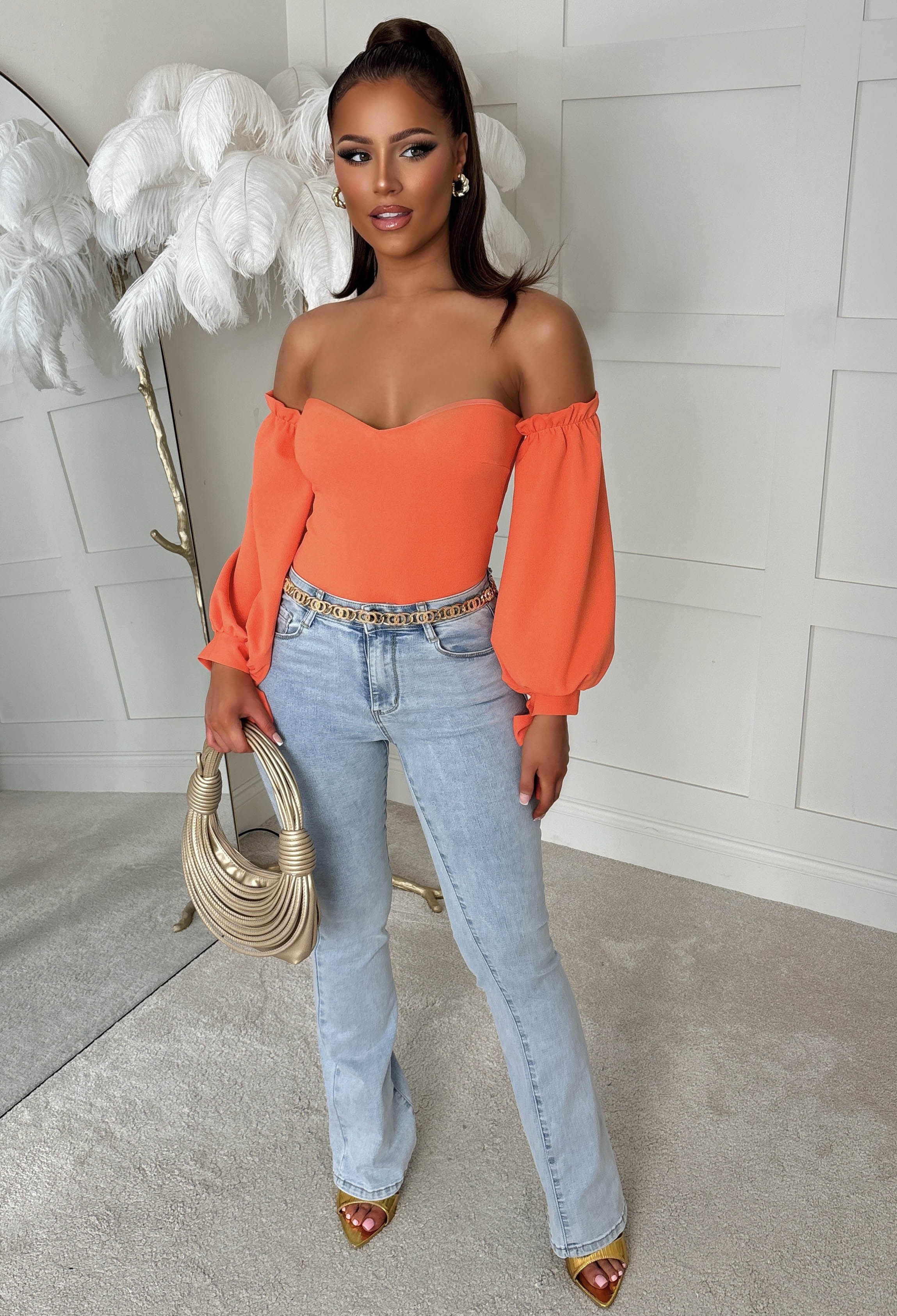 Love Haven Orange Bardot Bodysuit