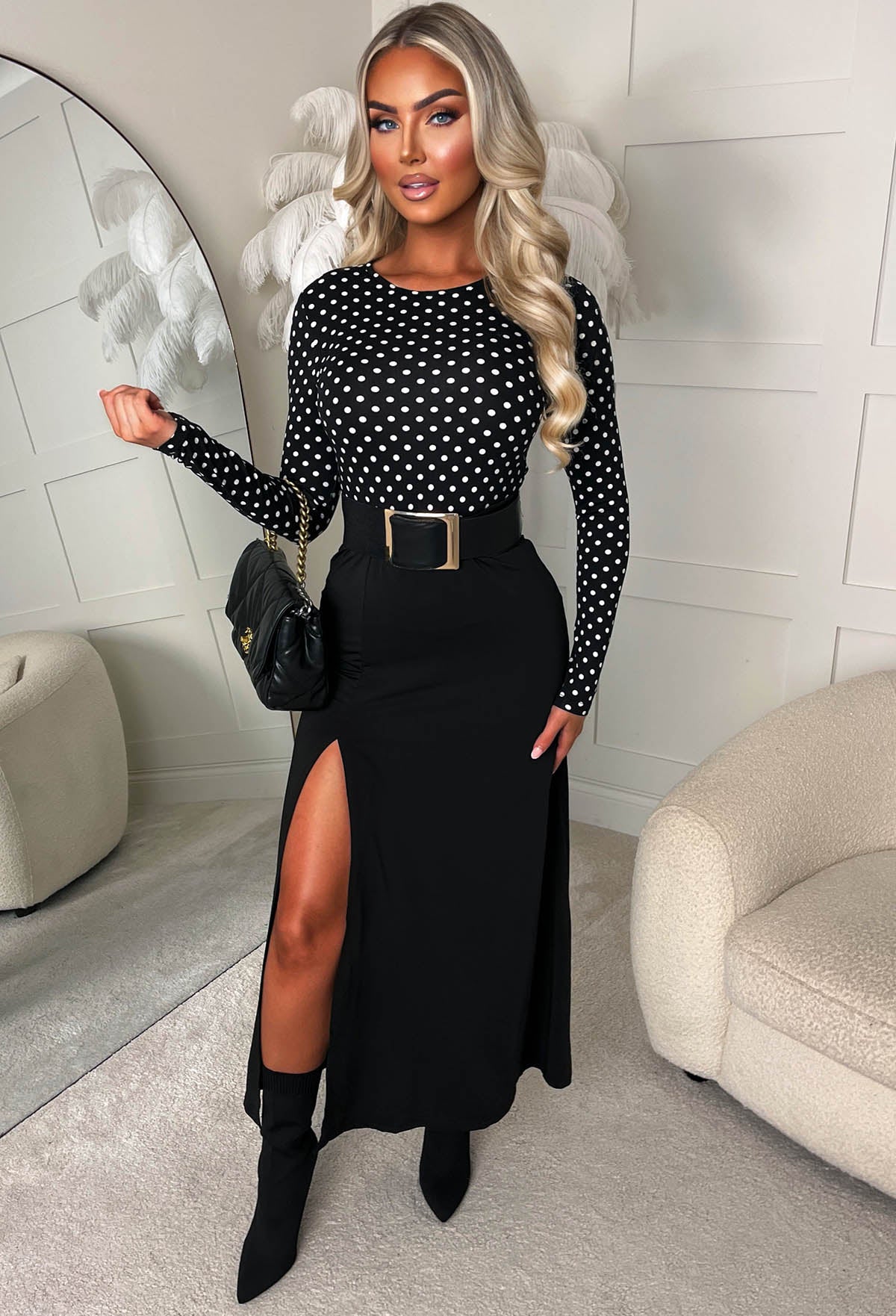 Love On The Line Black Polka Dot Long Sleeve Midi Dress | Pink Boutique Love On The Line Black Polka Dot Long Sleeve Midi Dress | Pink Boutique