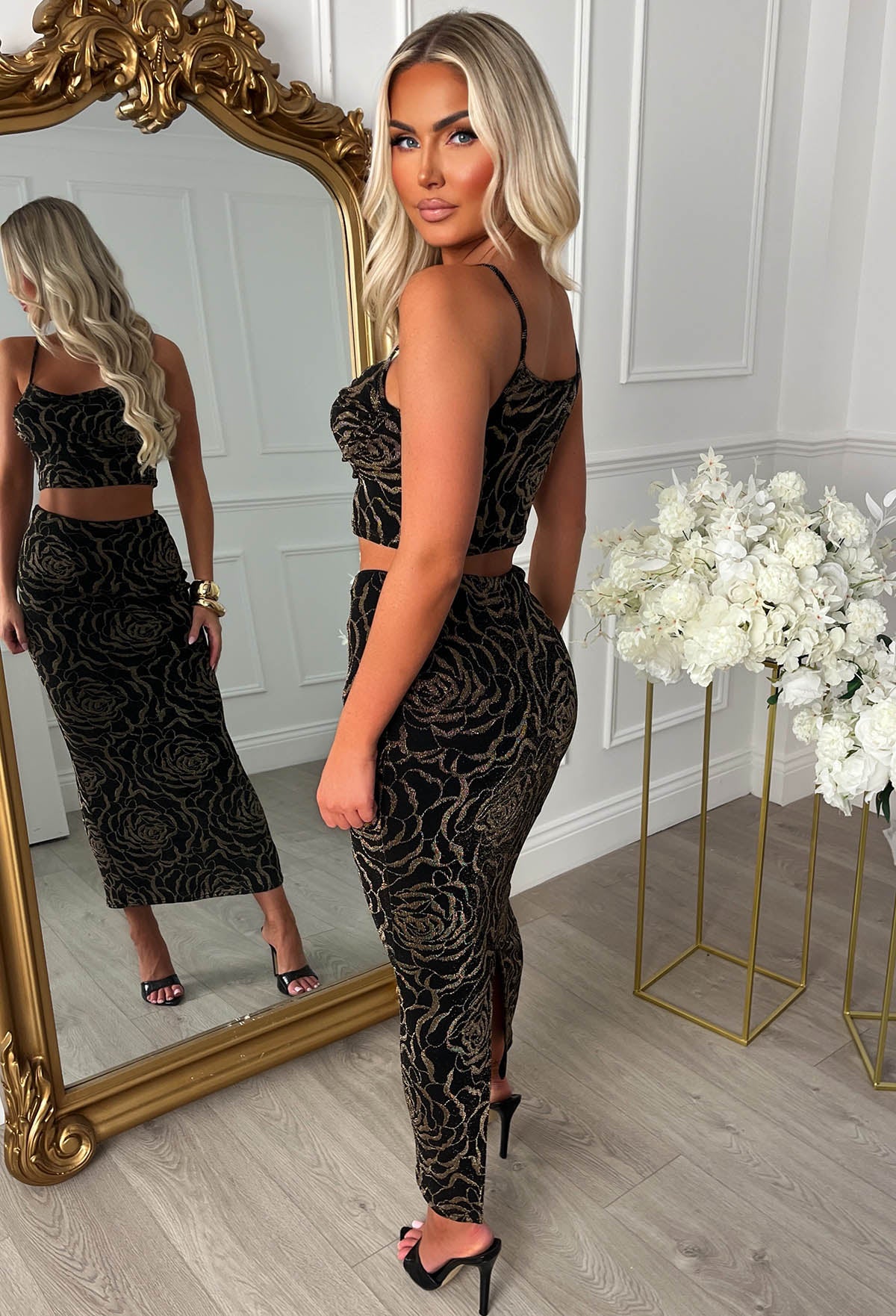 Love To Dream Black Lurex Flower Pattern Midi Skirt Co-ord Set