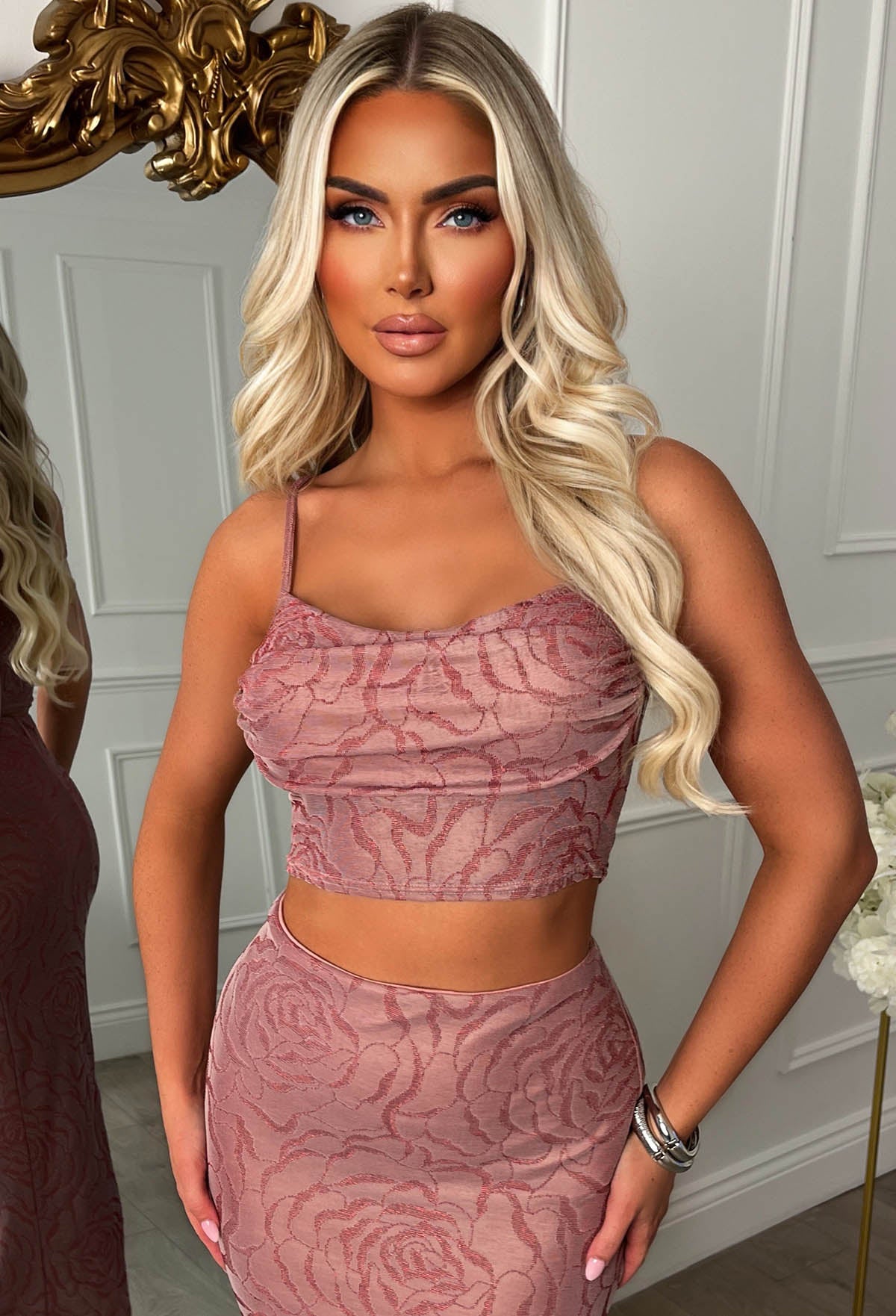 Love To Dream Pink Lurex Flower Pattern Midi Skirt Co-ord Set