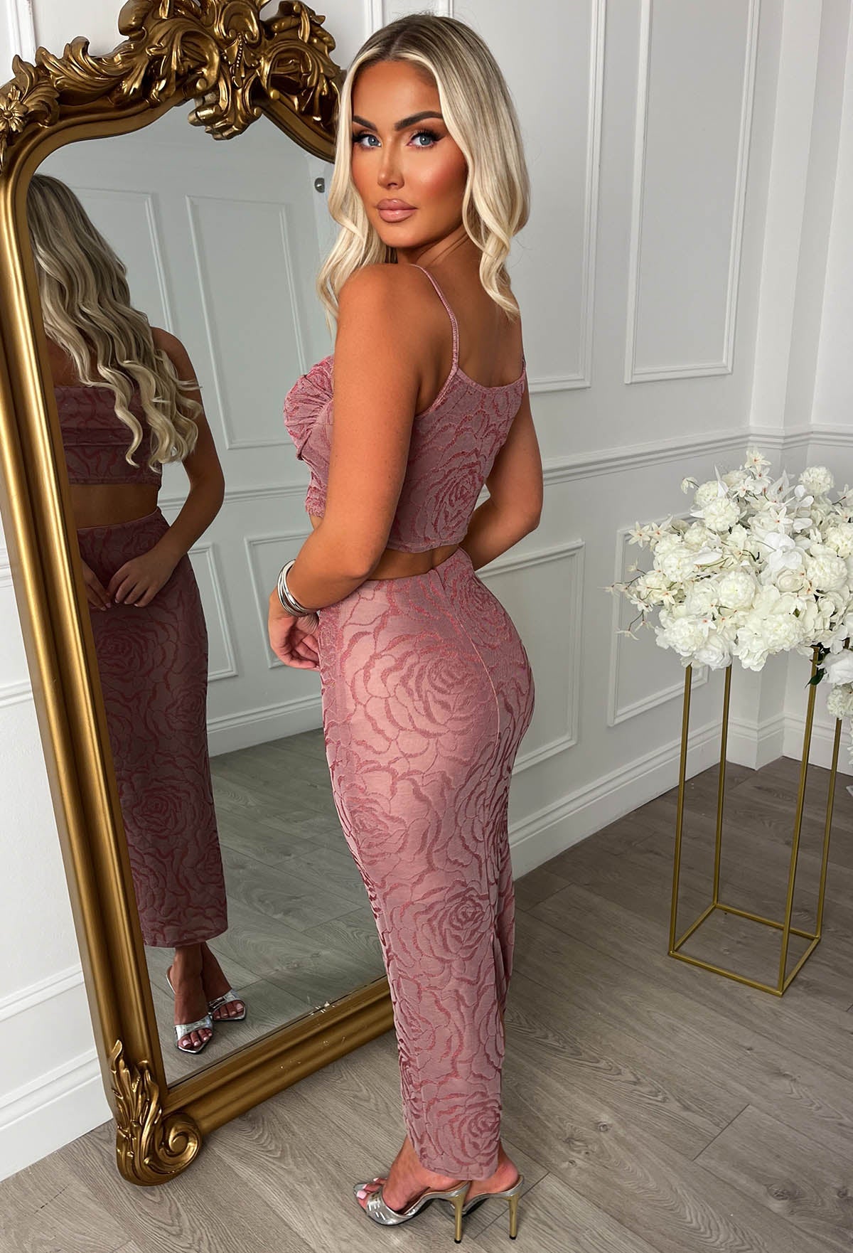 Love To Dream Pink Lurex Flower Pattern Midi Skirt Co-ord Set