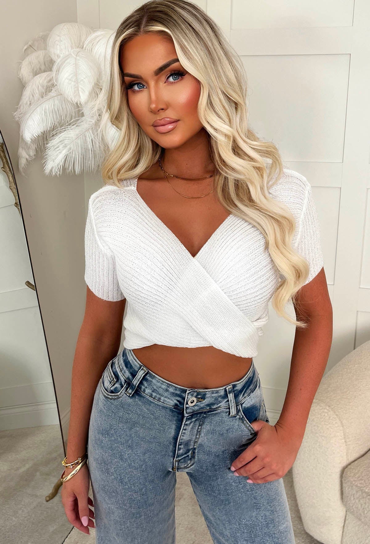 Love To Love Cream Knot Detail Lurex Knitted Top