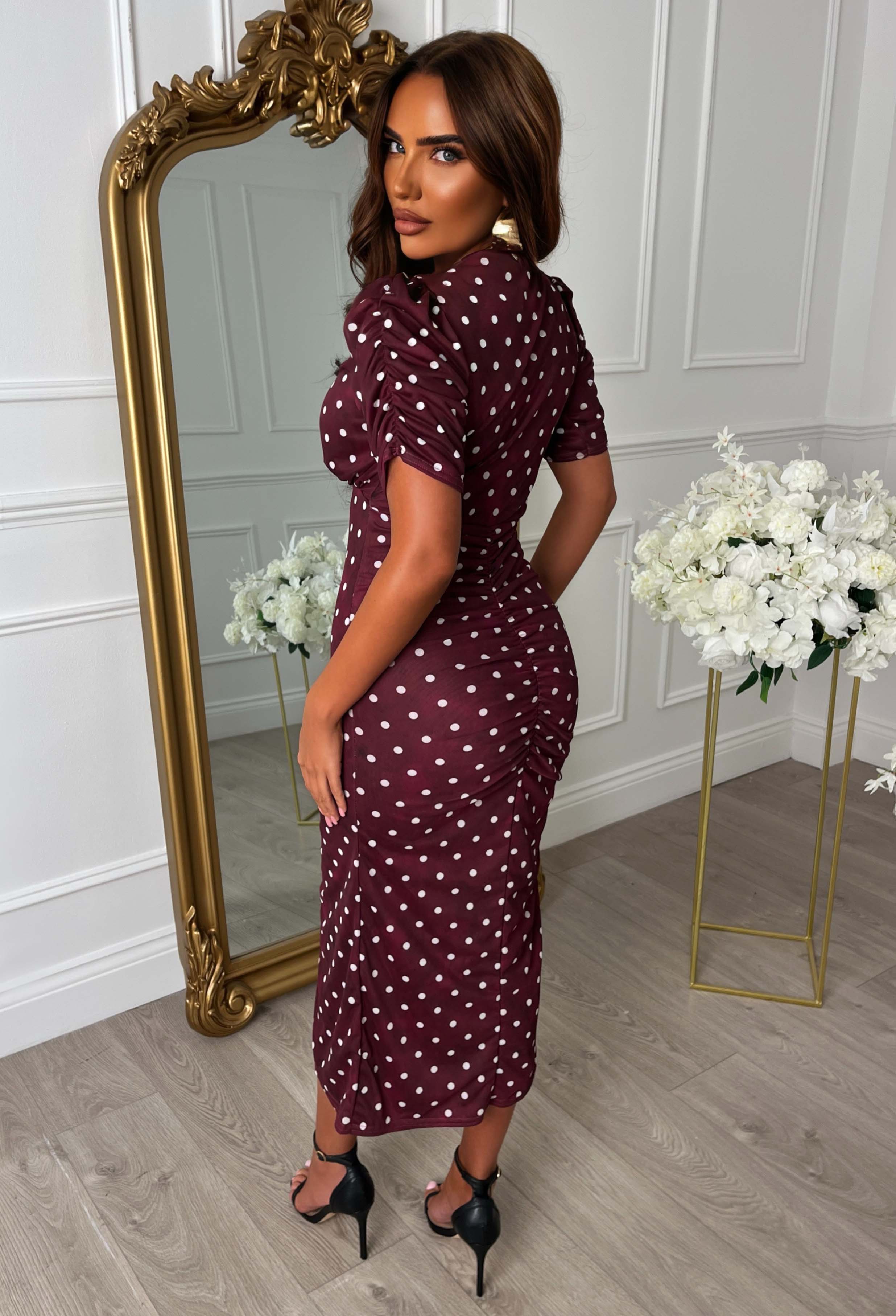 Love You Always Burgundy Polka Dot Ruched Front Midi Dress