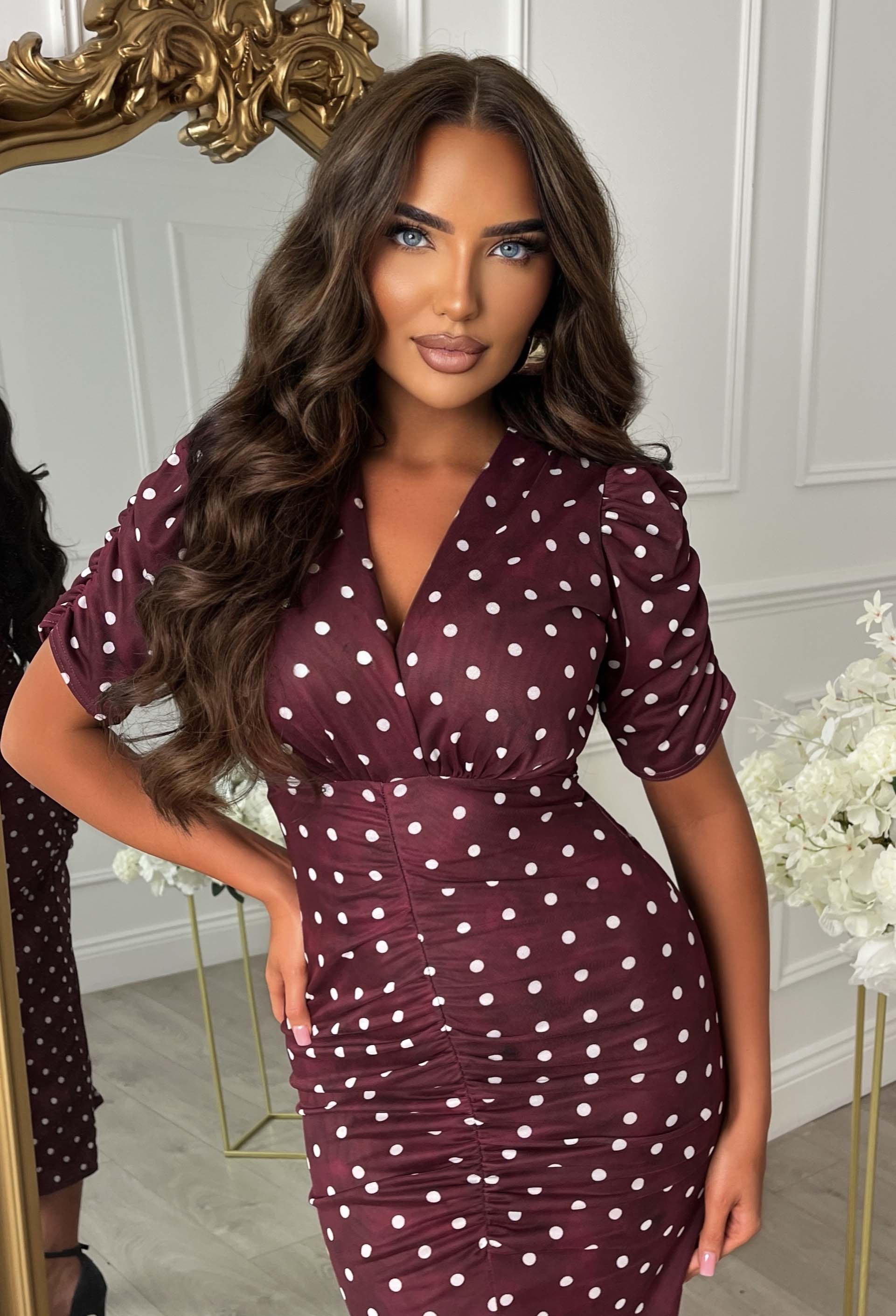 Love You Always Burgundy Polka Dot Ruched Front Midi Dress