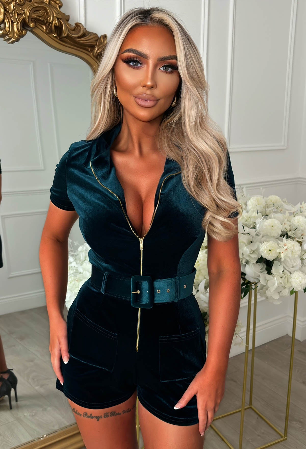 Lovely In Lux Green Zip Front Velvet Playsuit