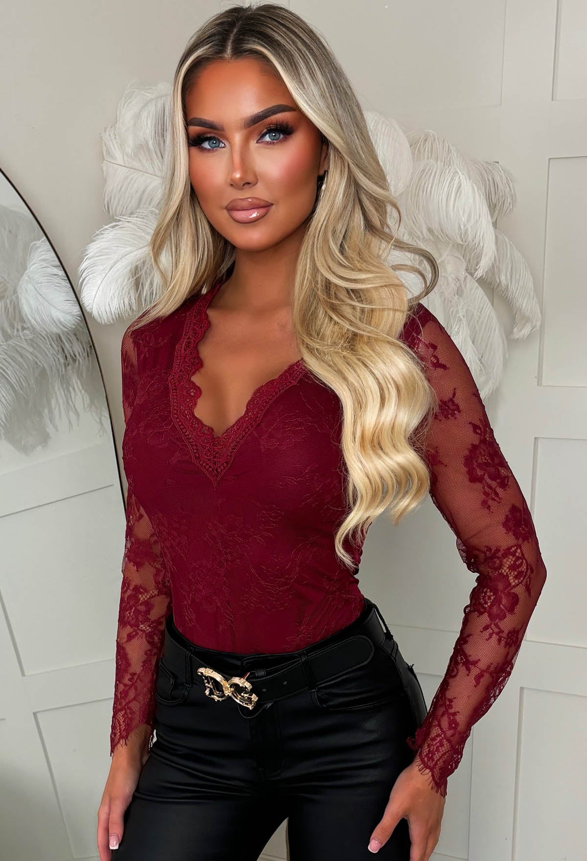 Lovely Lace Burgundy Long Sleeve Bodysuit