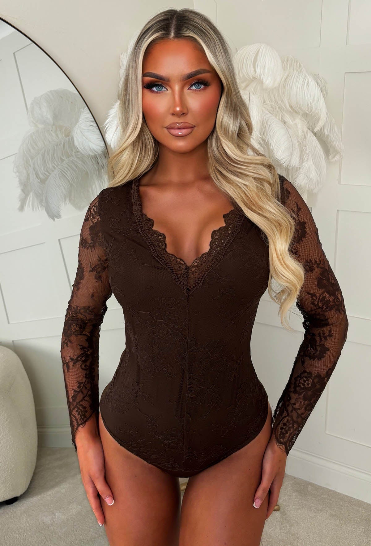 Lovely Lace Chocolate Brown Long Sleeve Bodysuit